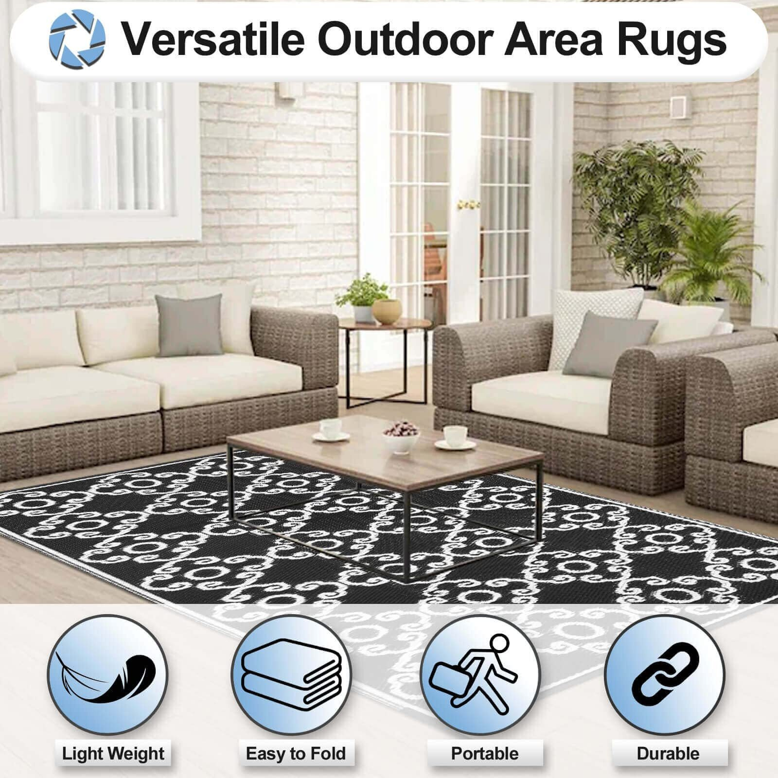 Outdoorlines Outdoor Reversible Rugs For Patio 5X8 Ft - Outside Plastic Carpet, Stain & Uv Resistant Portable Rv Mat, Straw Rug For Camping, Backyard, Deck, Picnic, Porch Moroccan Flower Black & White