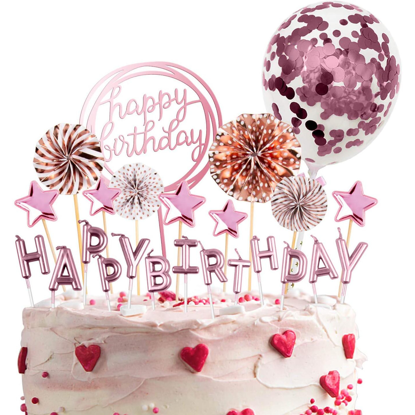 Bean Lieve Birthday Candles Set - Cake Topper Decoration With Cake Candles Confetti Balloon Stars And Fan Cupcake Toppers 12 Pieces Birthday Cake Decor For Birthday Party Celebration (Rose Gold)
