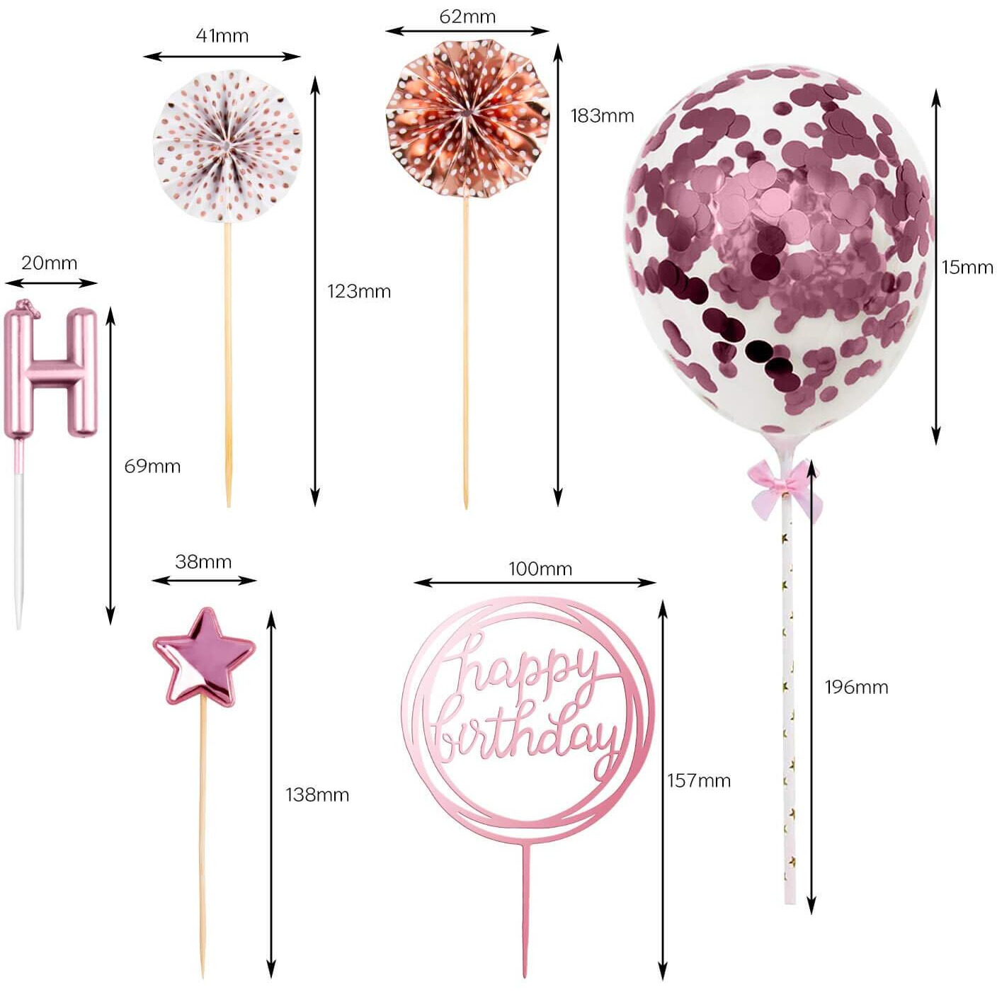 Bean Lieve Birthday Candles Set - Cake Topper Decoration With Cake Candles Confetti Balloon Stars And Fan Cupcake Toppers 12 Pieces Birthday Cake Decor For Birthday Party Celebration (Rose Gold)