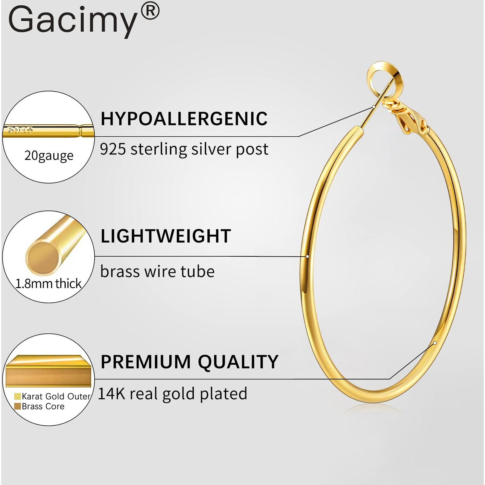 Gacimy Large Gold Hoop Earrings For Women 14K Gold Plated, 925 Sterling Silver Post Gold Hoops For Women, 50Mm Yellow Gold Big Hoop Earrings For Women