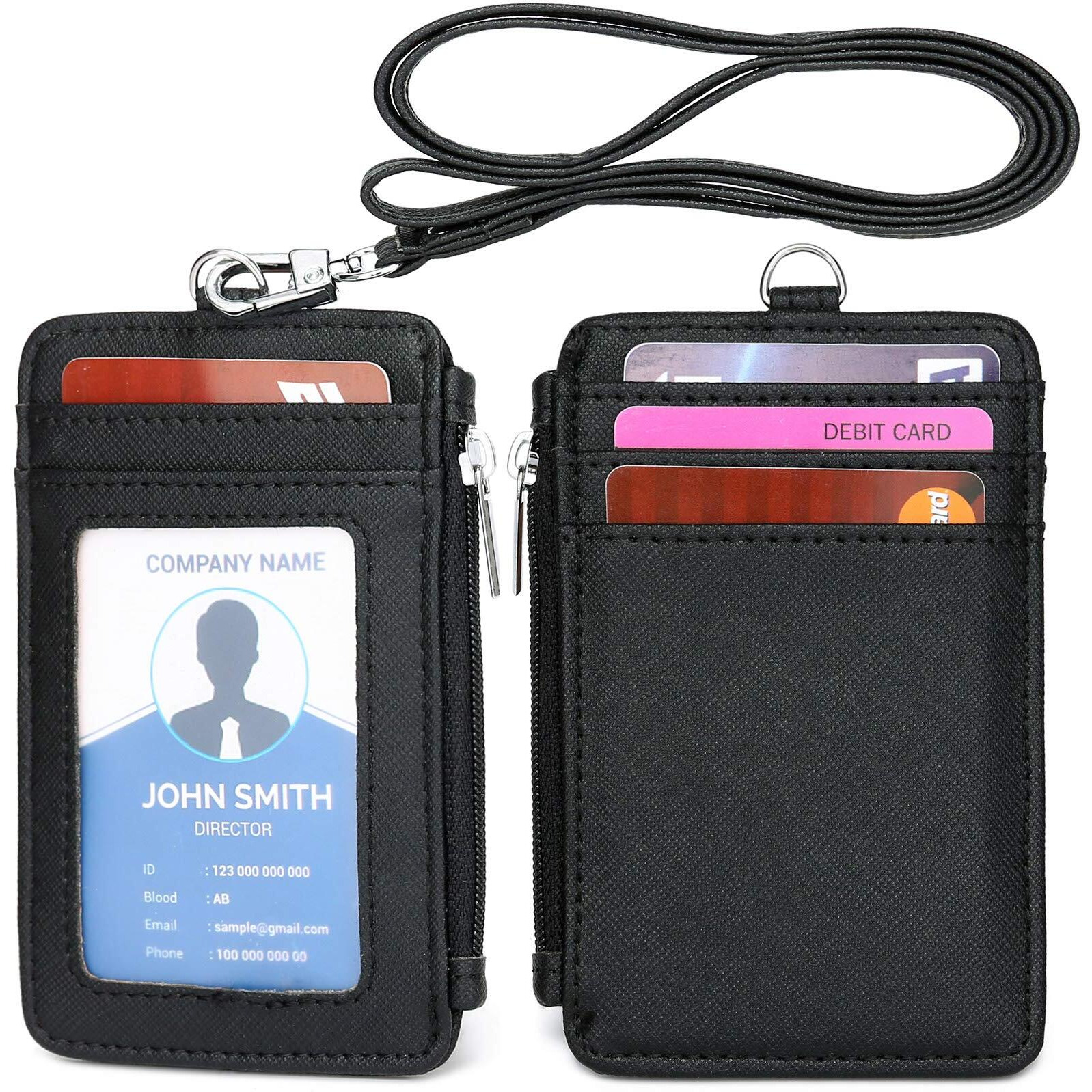 Leamekor Id Badge Holder With Neck Lanyard Pu Leather Id Badge Wallet Case With 1 Id Window, 4 Card Slots, 1 Side Zipper Pocket