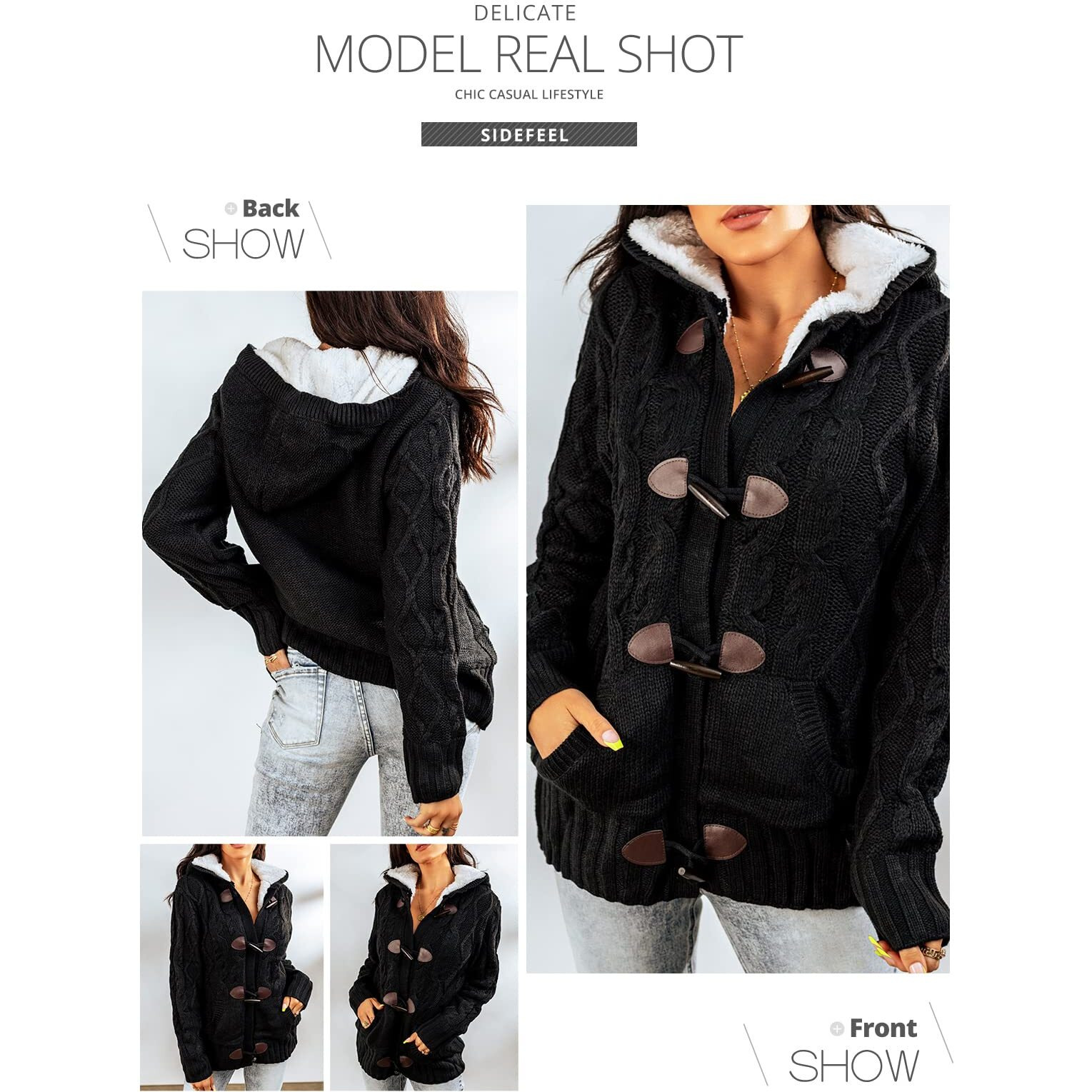 Sidefeel Women 's Button Up Cardigan Hooded Sweater Coat Winter Outwear With Pockets X-Large Black