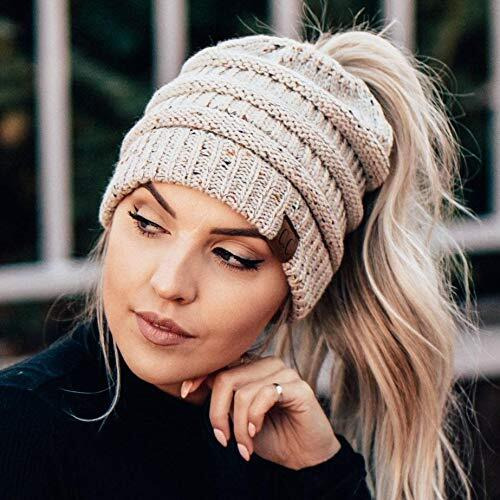Funky Junque Women 's Messy Bun Beanie Ponytail Winter Hat, Confetti Oatmeal