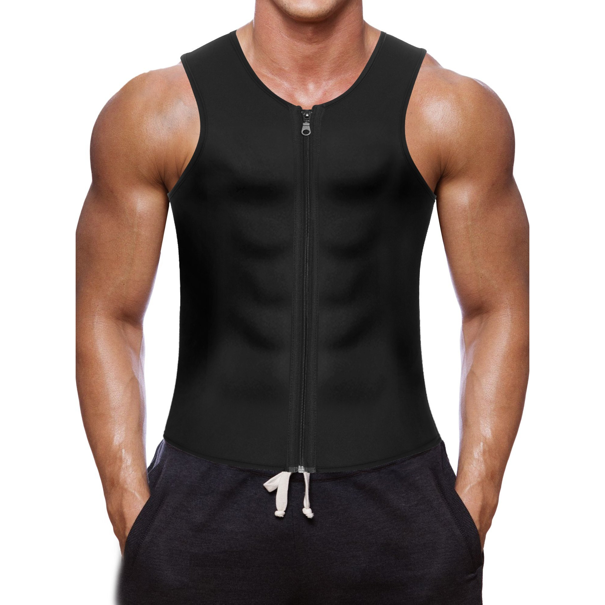 Wonderience Men Waist Trainer Vest Hot Neoprene Sauna Suit Corset Body Shaper Zipper Tank Top Workout Shirt(Black, Large)