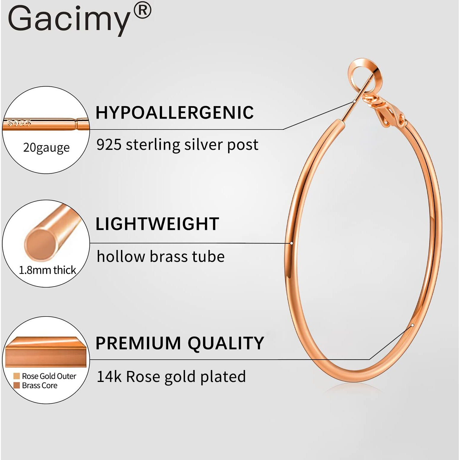 Gacimy Large Rose Gold Hoop Earrings For Women 14K Rose Gold Plated, 925 Sterling Silver Post Gold Hoops For Women, 60Mm Rose Gold Big Hoop Earrings For Women