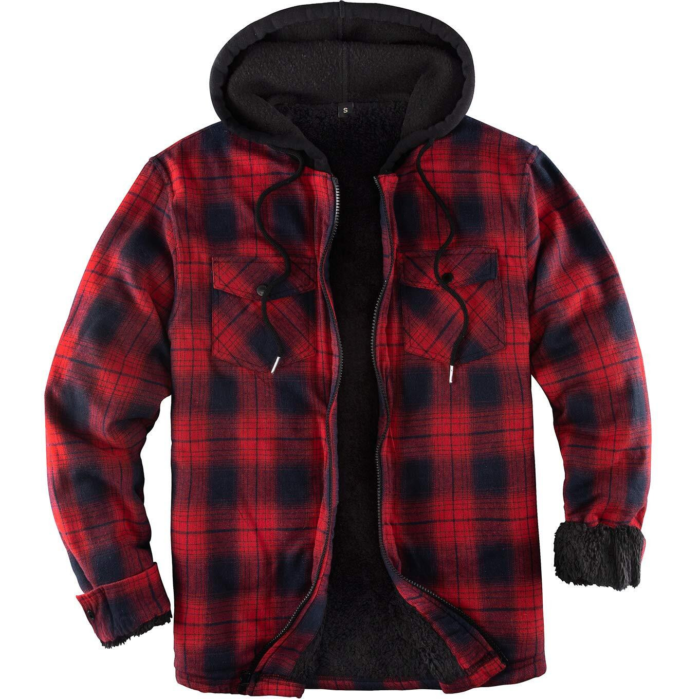 Zenthace Mens Sherpa Lined Full Zip Hooded Plaid Shirt Jacket Redgrey M