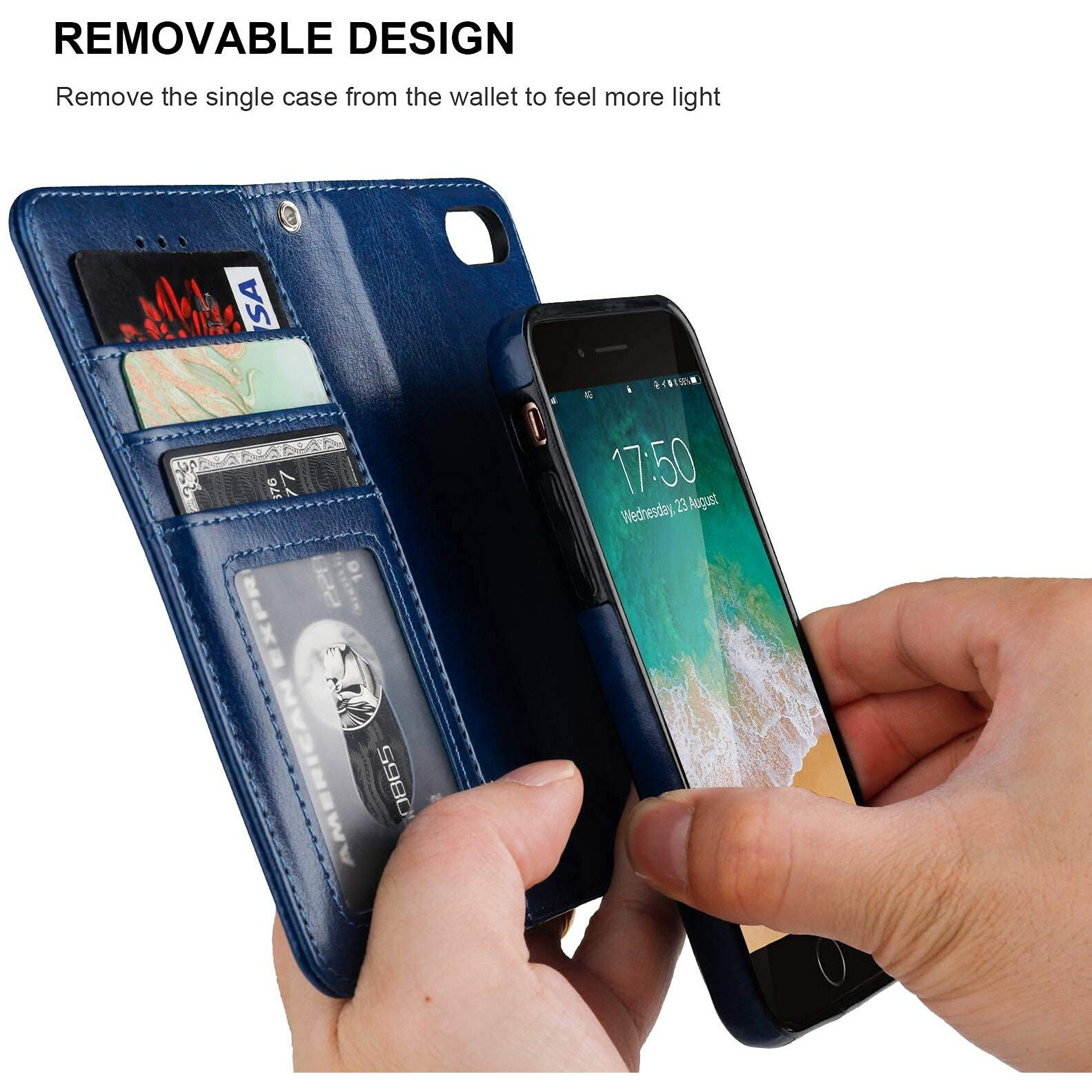 Bocasal For Iphone Se (2022)/Se (2020)/8/7 Wallet Case With Card Holder Pu Leather Magnetic Detachable Kickstand Shockproof Wrist Strap Removable Flip Cover For Iphone 7/8/Se2/Se3 4.7 Inch (Blue)