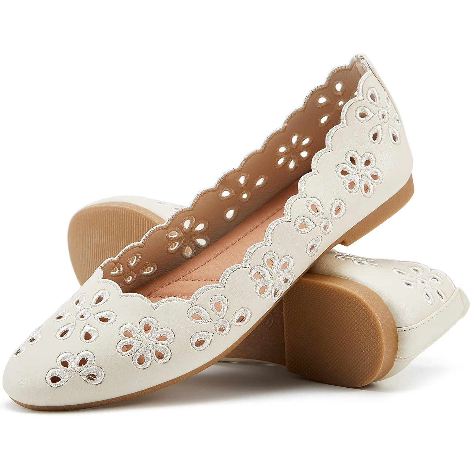 Fracora Women 's Ballet Flats Black Pu Leather Dress Shoes Comfortable Round Toe Slip On Flats With Breathable Eyelets(Beige.Us7.5)