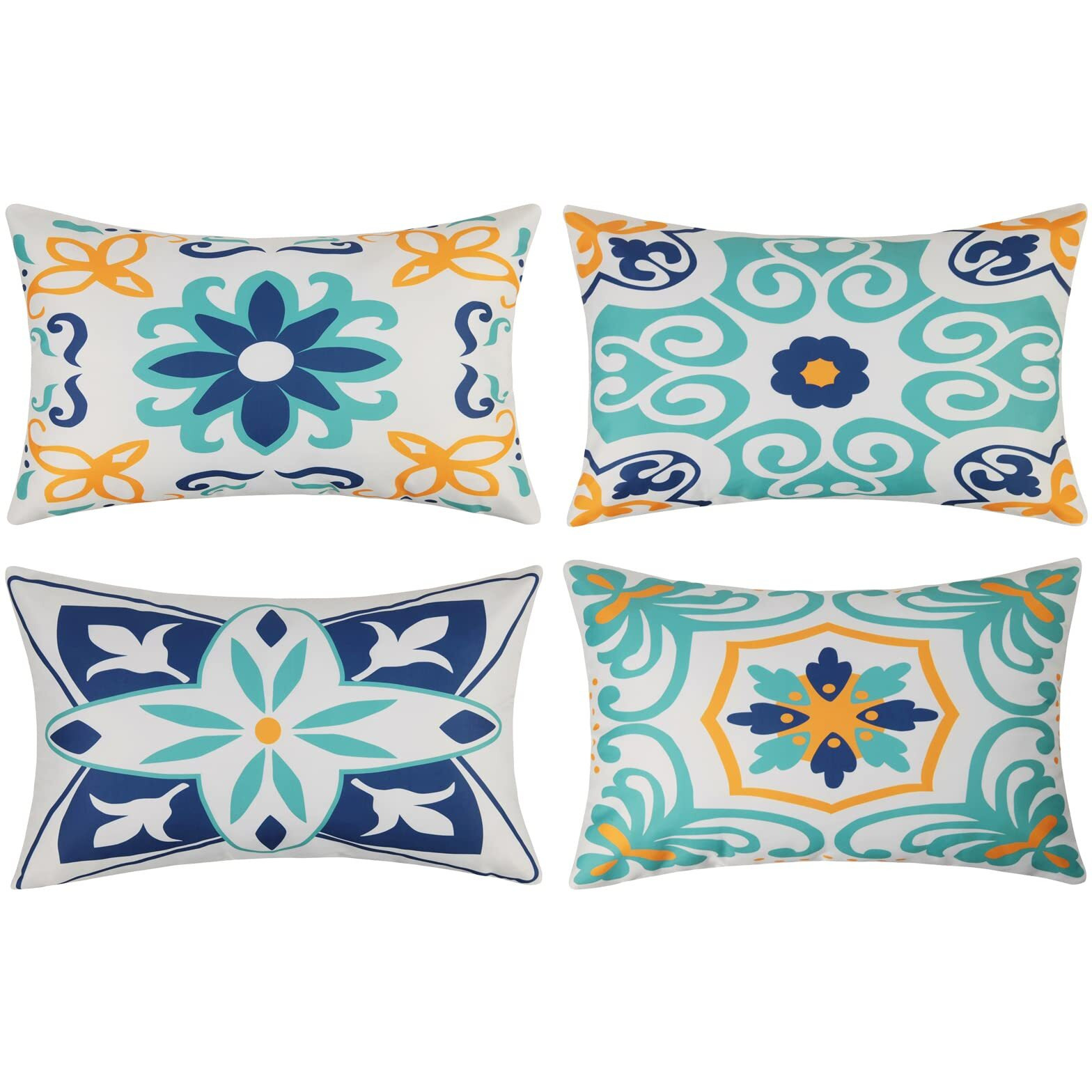 Outdoor Waterproof Throw Pillow Covers Set Of 4 Floral Printed And Boho Farmhouse Outdoor Pillow Covers For Patio Funiture Garden 12X20 Inch Blue
