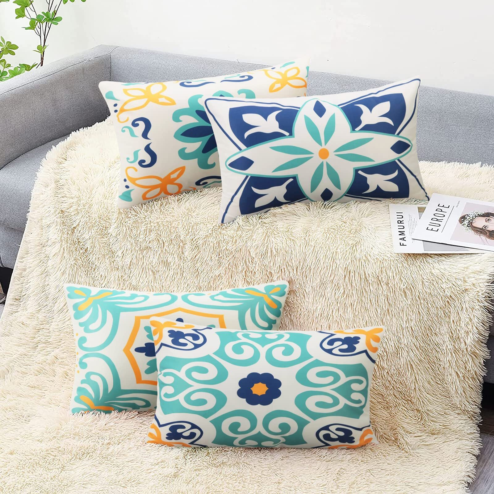 Outdoor Waterproof Throw Pillow Covers Set Of 4 Floral Printed And Boho Farmhouse Outdoor Pillow Covers For Patio Funiture Garden 12X20 Inch Blue