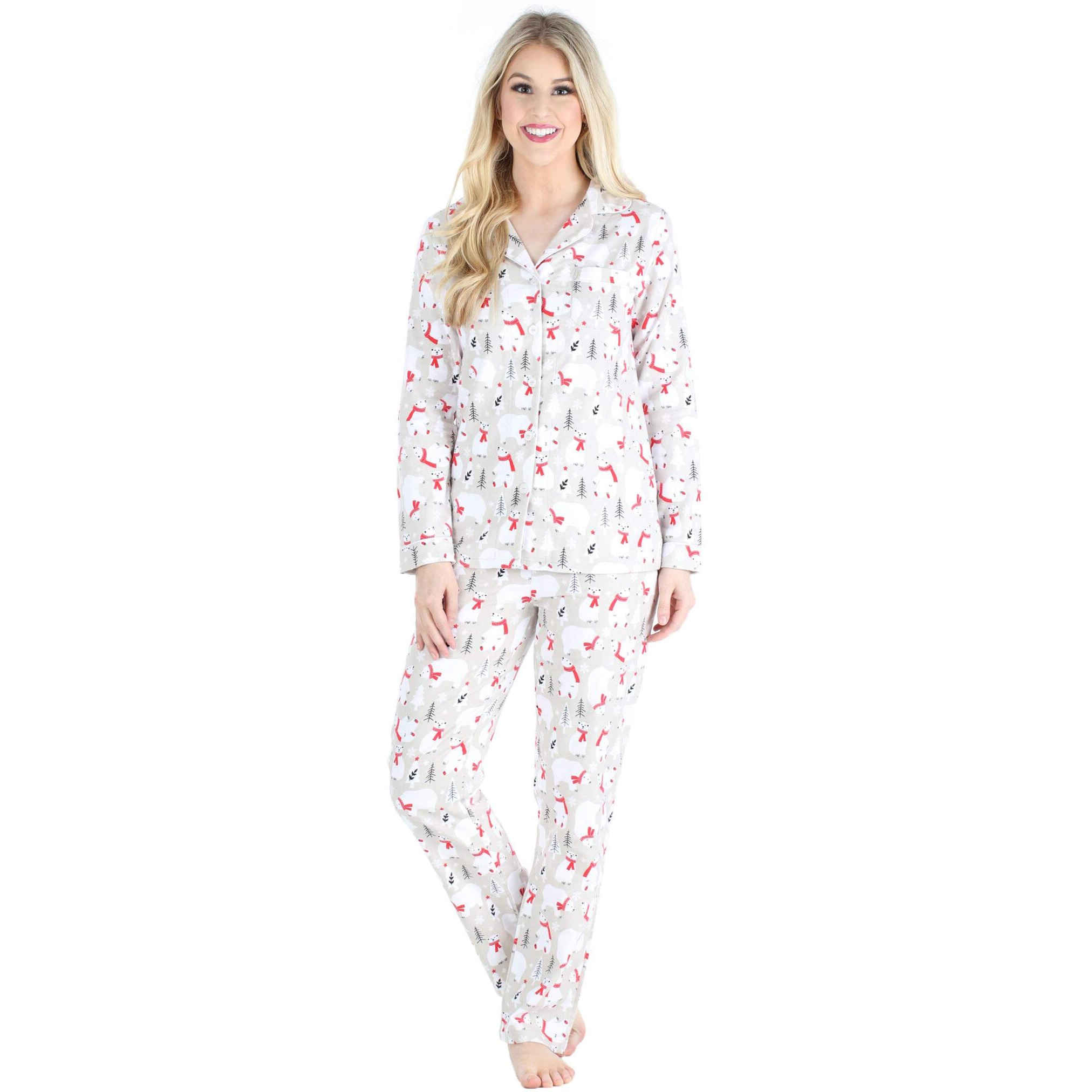Pajamamania Womens Cotton Flannel Long Sleeve Button-Down Pajamas Pj Set, Polar Bear, Medium,
