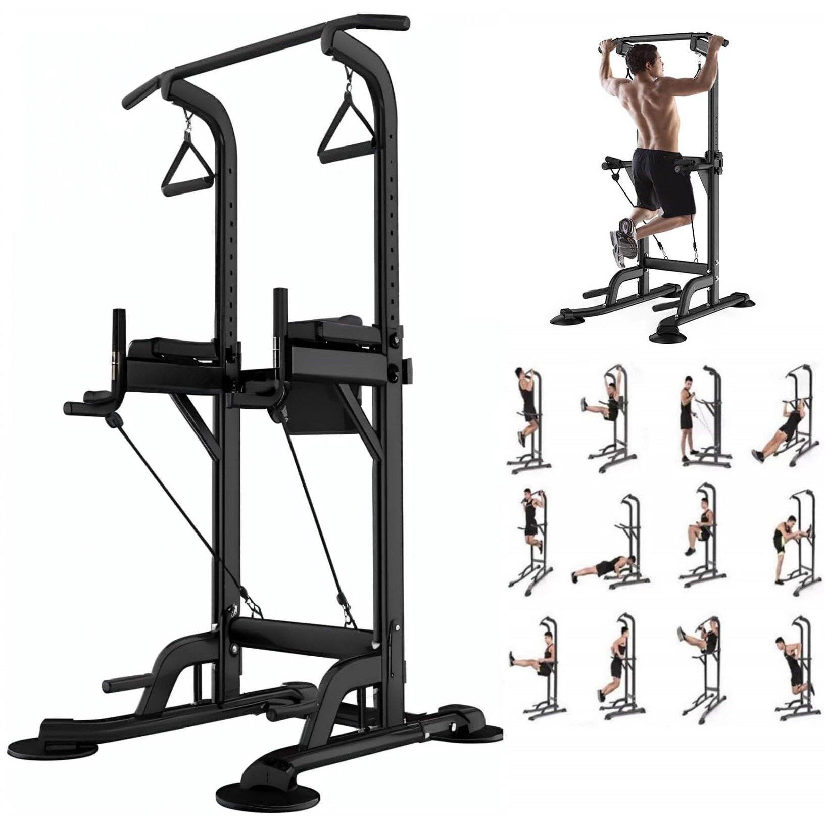 Leasbar Power Tower, Stand Workout Station 330 Lbs Capacity, Adjustable Dip & Pull Up Bar Station, Multi-Function Strength Training Equipment With Comfortable Backrest For Home Gym