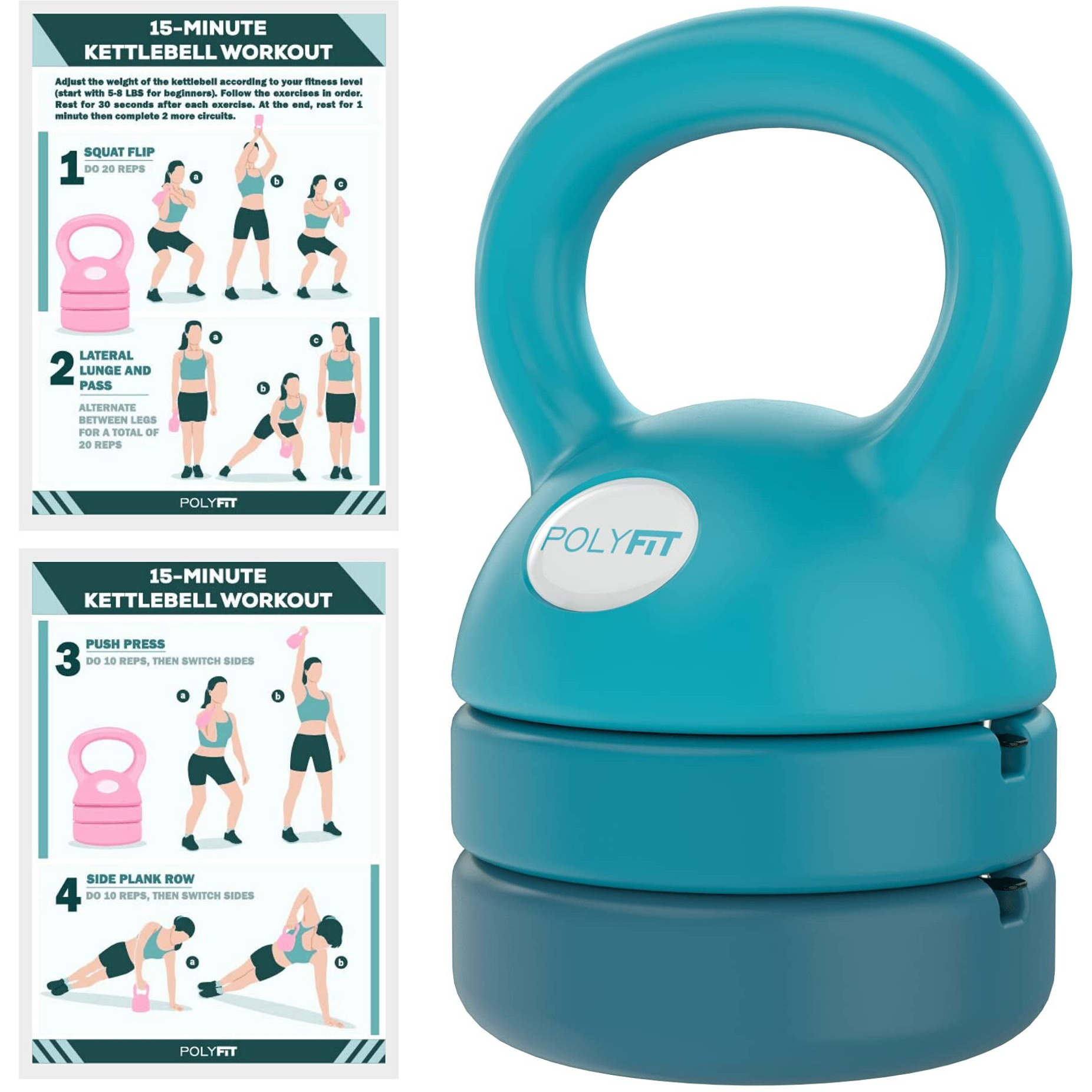 Adjustable Kettlebell - 5 Lbs, 8 Lbs, 12 Lbs Kettlebell Weights Set For Home Gym - Teal