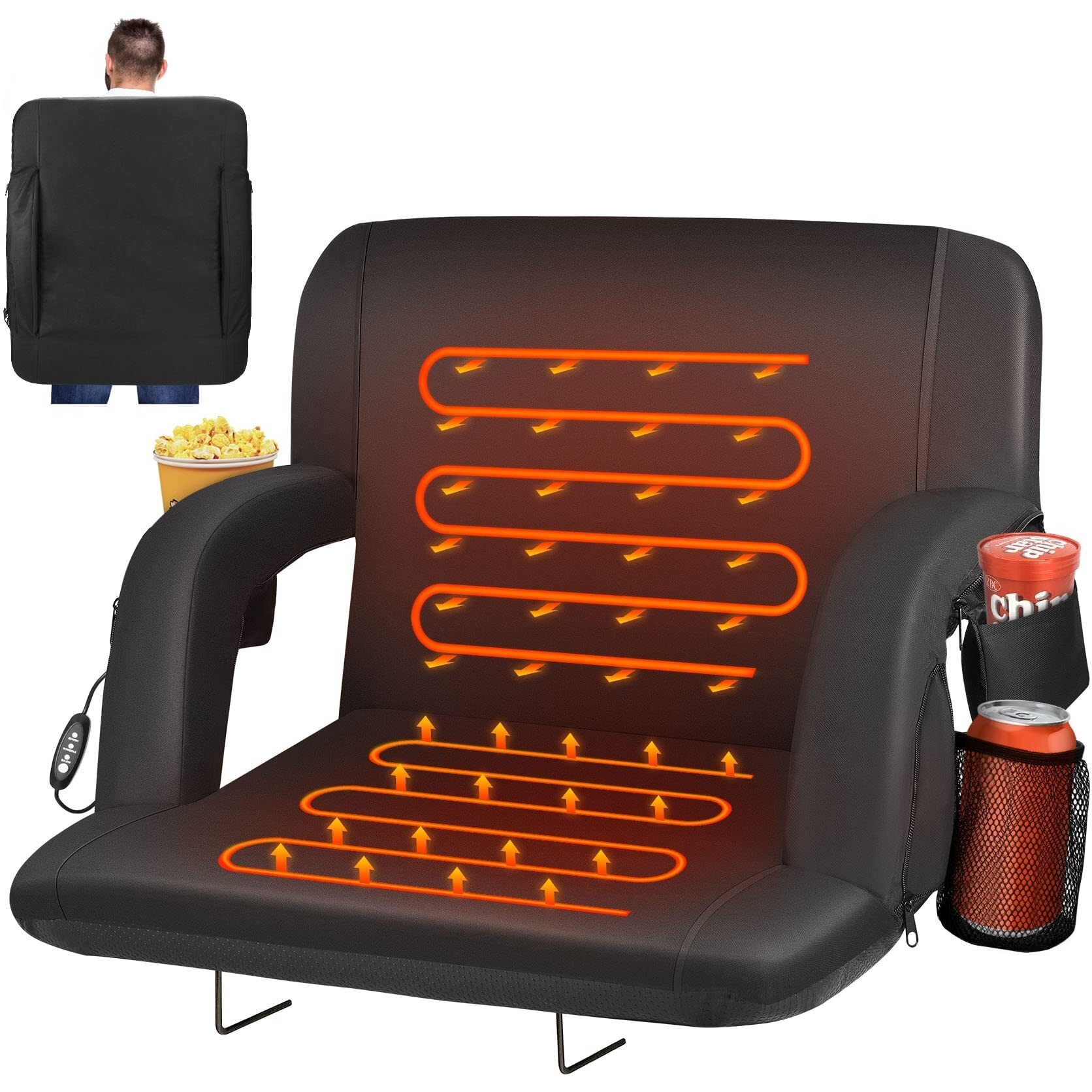 Double Heated Stadium Seats For Bleachers With Back Support And 25"" Wide Cushion, Extra Portable Bleacher Seat Foldable Stadium Chair, Usb 3 Levels Of Heat, 5 Pockets, For Outdoor Camping Games Sports
