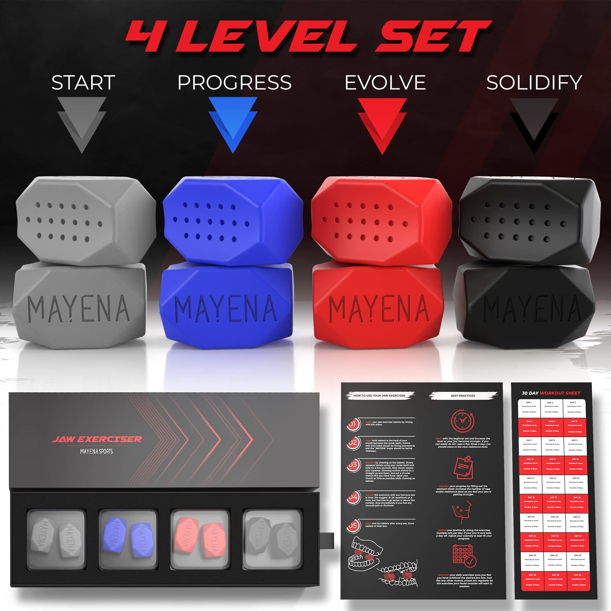 Mayena Sports Jawline Exerciser For Men & Women | 4 Resistance Levels (8Pcs) Silicone Jaw Exerciser Tablets | Powerful Jaw Trainer & Jawline Shaper For All Level Users| Slims, Tones& Defines The Face
