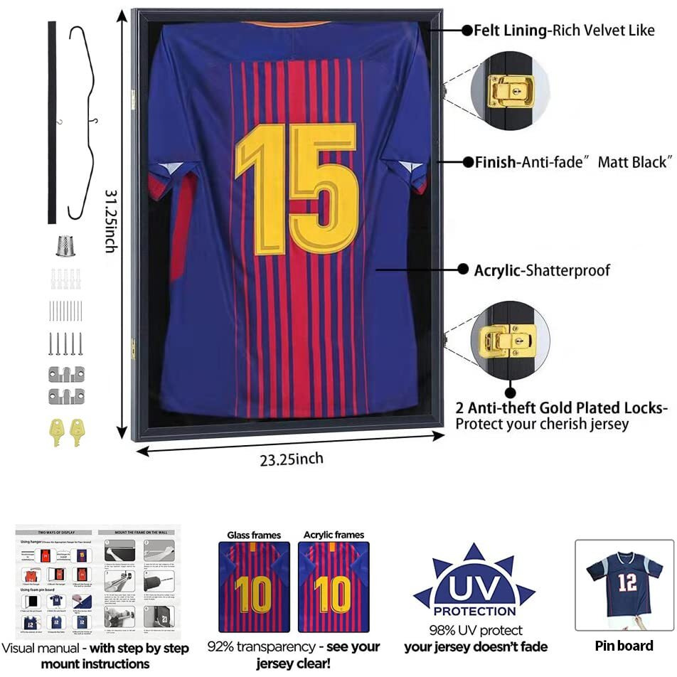 Jdeco Jersey Frame Display Case Jersey Display Frame Shadow Box For Jersey Display Case With Acrylic Anti Fade Uv Protection Gold Locks For Baseball Basketball Football Soccer Hockey Sport Shirt Black