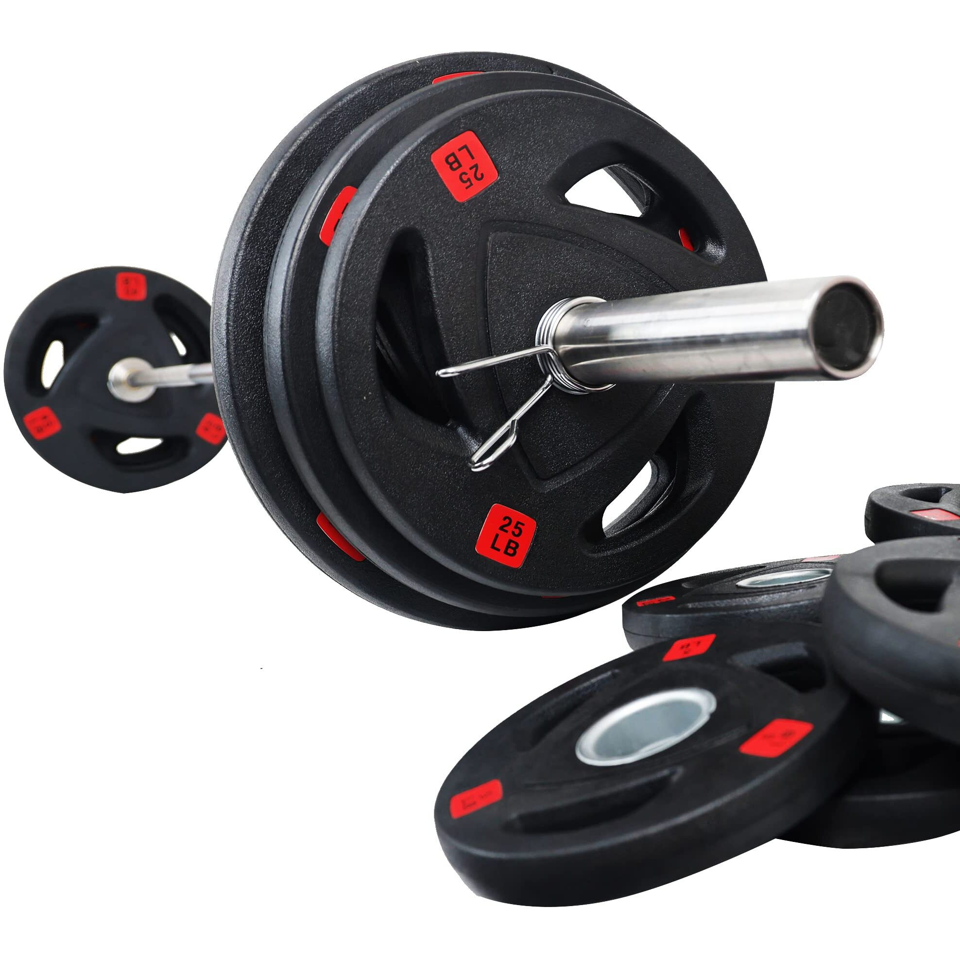 Signature Fitness Cast Iron Olympic 2-Inch Weight Plates Including 7Ft Olympic Barbell, 300-Pound Set (255 Pounds Plates + 45 Pounds Barbell), Multiple Packages, Style 6