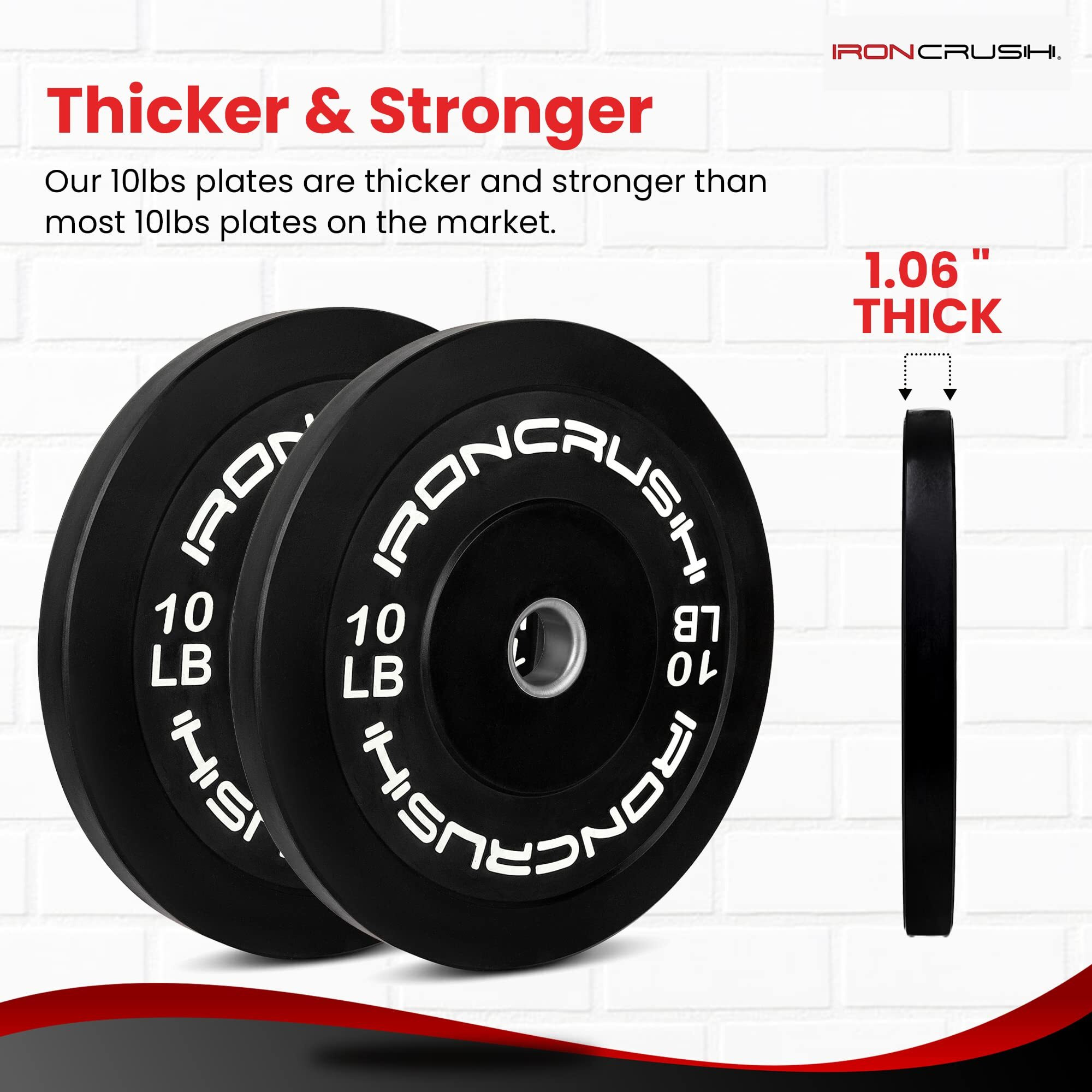 Iron Crush Olympic Bumper Plates Set - Virgin Rubber Weights For Strength Training - Stainless Steel Inserts, Fits 2"" Barbells - Low, Dead Bounce For Safety - 10Lb To 45Lb - Sold In Pairs