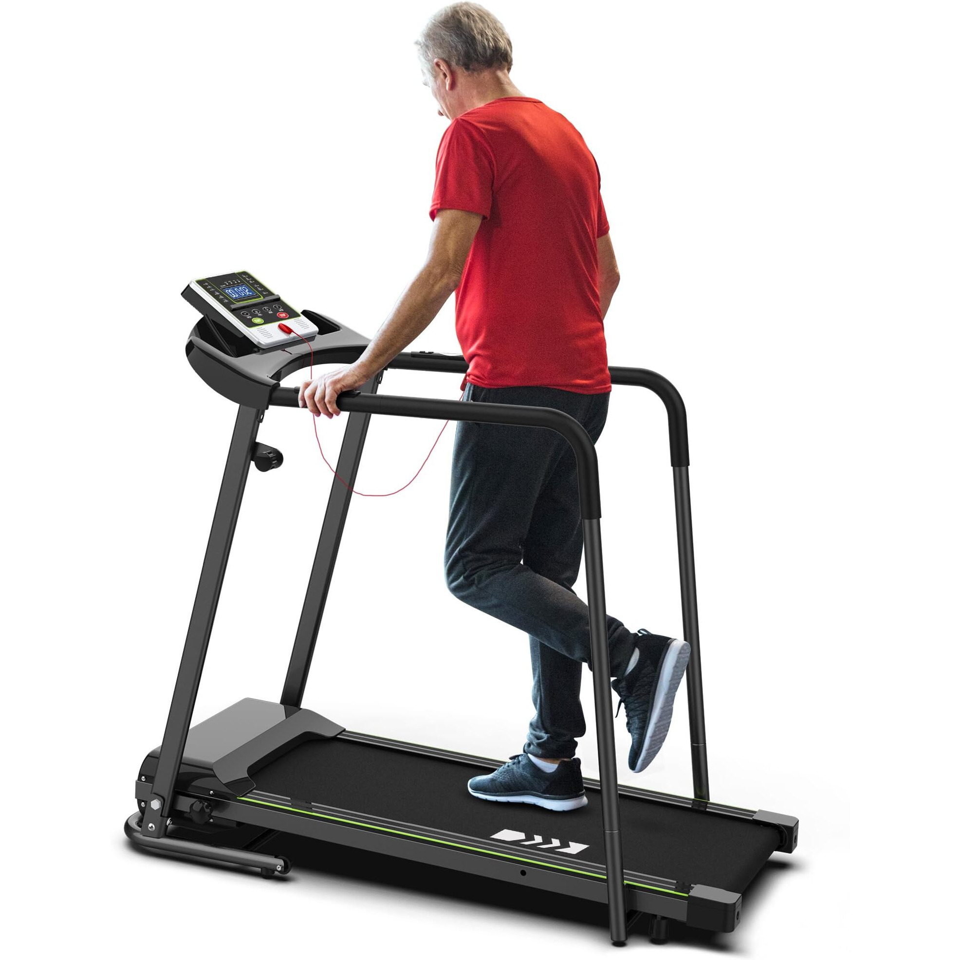 Redliro Walking Treadmill With Long Handrail For Balance, Recovery Fitness Exercise Machine Foldable For Home Use With Holder For Phone & Cup,Lcd Display, 300 Lbs Capacity