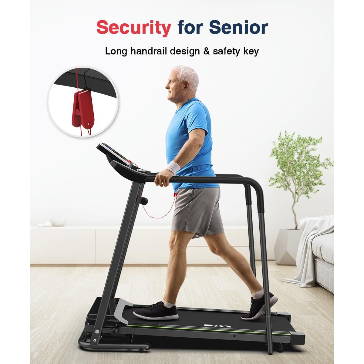 Redliro Walking Treadmill With Long Handrail For Balance, Recovery Fitness Exercise Machine Foldable For Home Use With Holder For Phone & Cup,Lcd Display, 300 Lbs Capacity