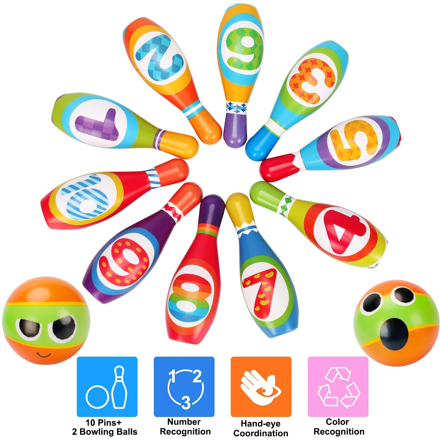 Kids Bowling Set Toddler Toys For 2 3 4 5 Years Old Boys Girls, 10 Indoor Colorful Soft Foam Pins 2 Bowling Ball Printed With Number Easter Toys Gift Developmental Outdoor Outside Toy Baby Age 2-4