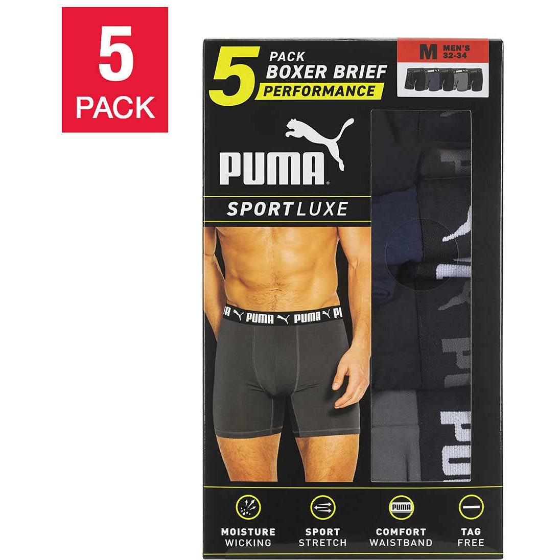 Puma Men's Microfiber Boxer Brief, 5-Pack (Large, Black / Grey / Blue)