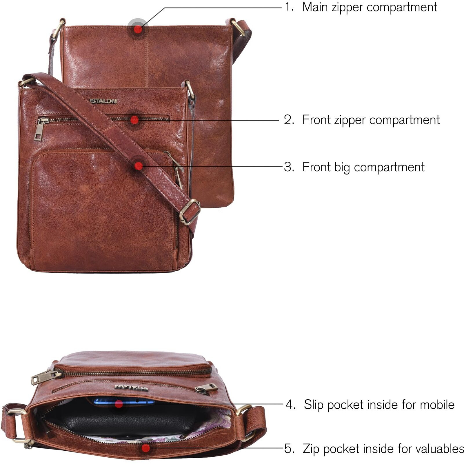 Estalon Women 's Real Leather Crossbody Purse With Adjustable Sling Strap - Medium Size Crossover Shoulder Hand Bag