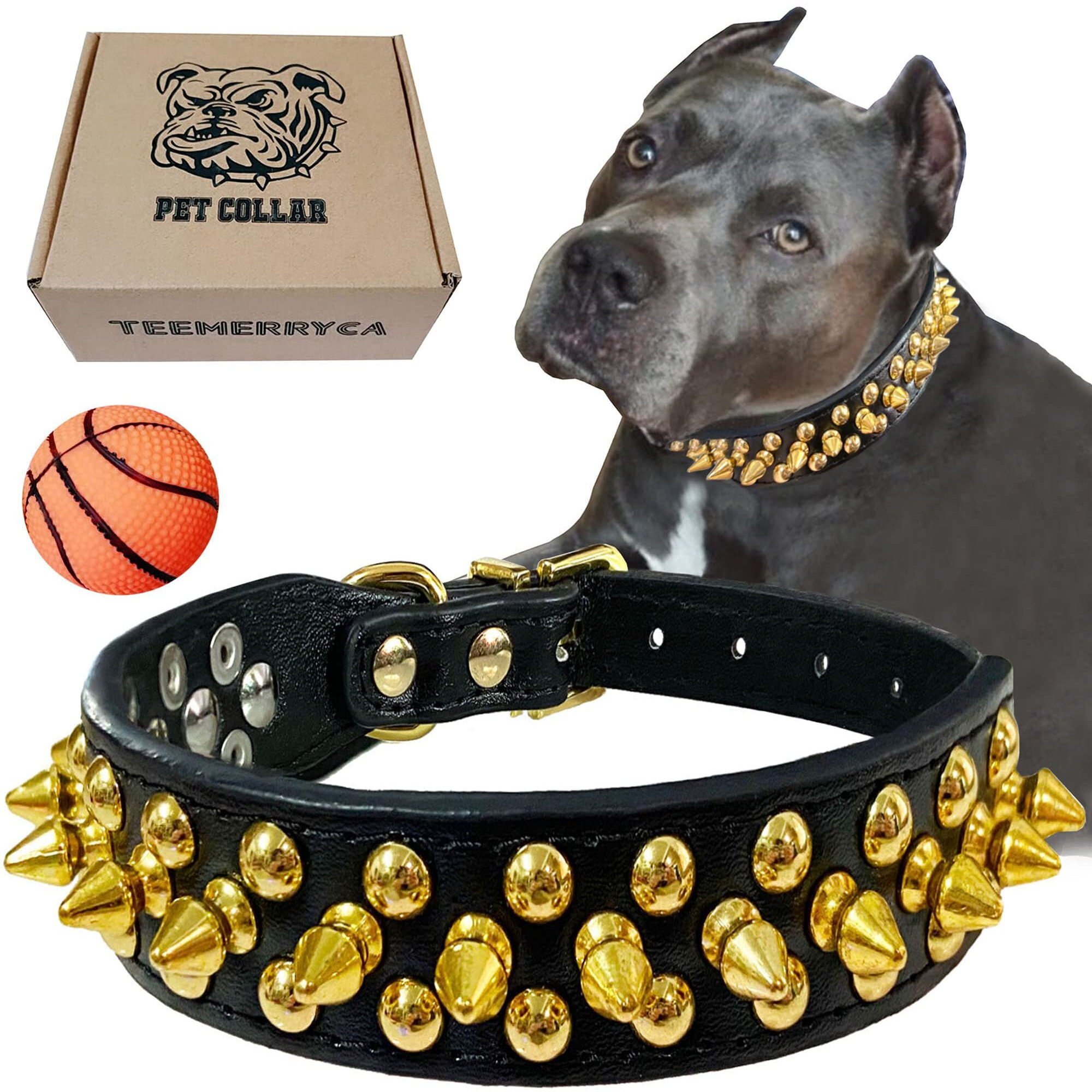 Teemerryca Black Leather Dog Collar With Gold Spikes For Male Small Medium Large Pets, Pit Bulls/Bulldog, Keep Dog Safe From Grabbing By Huge Dogs, M(12""-15"")