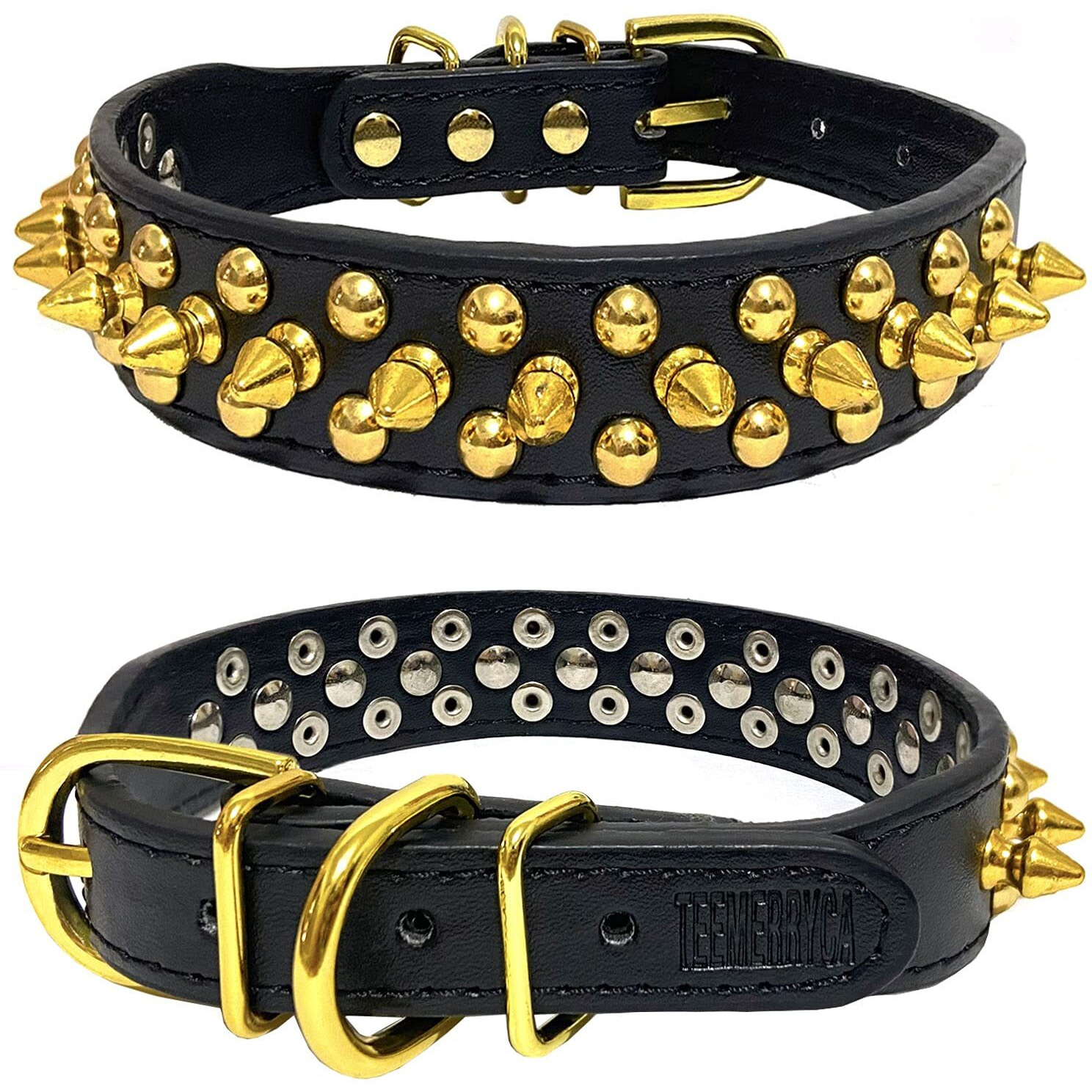 Teemerryca Black Leather Dog Collar With Gold Spikes For Male Small Medium Large Pets, Pit Bulls/Bulldog, Keep Dog Safe From Grabbing By Huge Dogs, M(12""-15"")