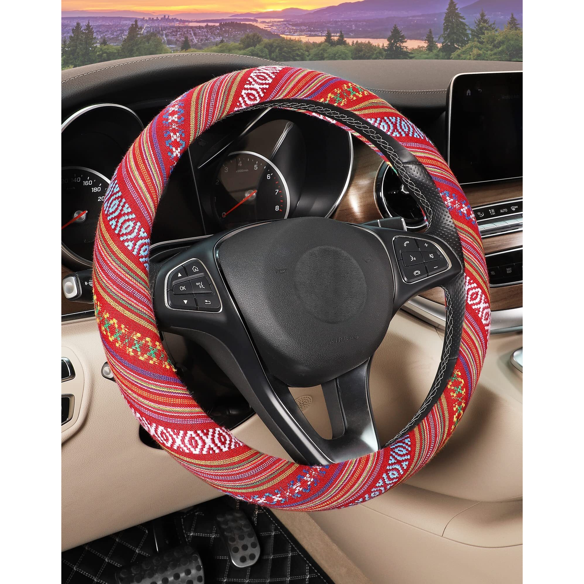 Seg Direct Boho Steering Wheel Cover With Baja Blanket Cloth, Ethnic Style Auto Wheel Cover Made Of Coarse Flax, Fits 14 1/2-15 1/4 Inches Car Wheel