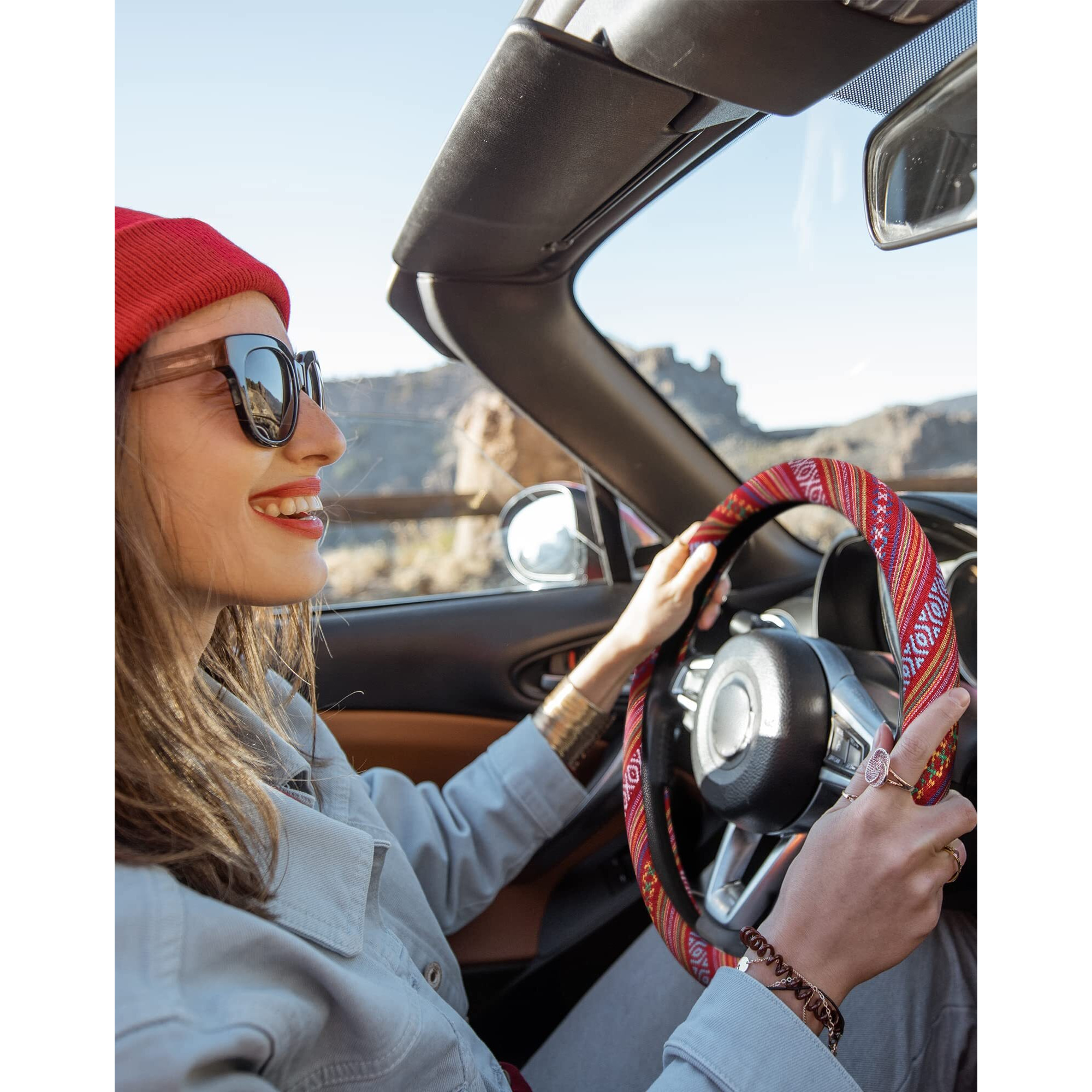 Seg Direct Boho Steering Wheel Cover With Baja Blanket Cloth, Ethnic Style Auto Wheel Cover Made Of Coarse Flax, Fits 14 1/2-15 1/4 Inches Car Wheel