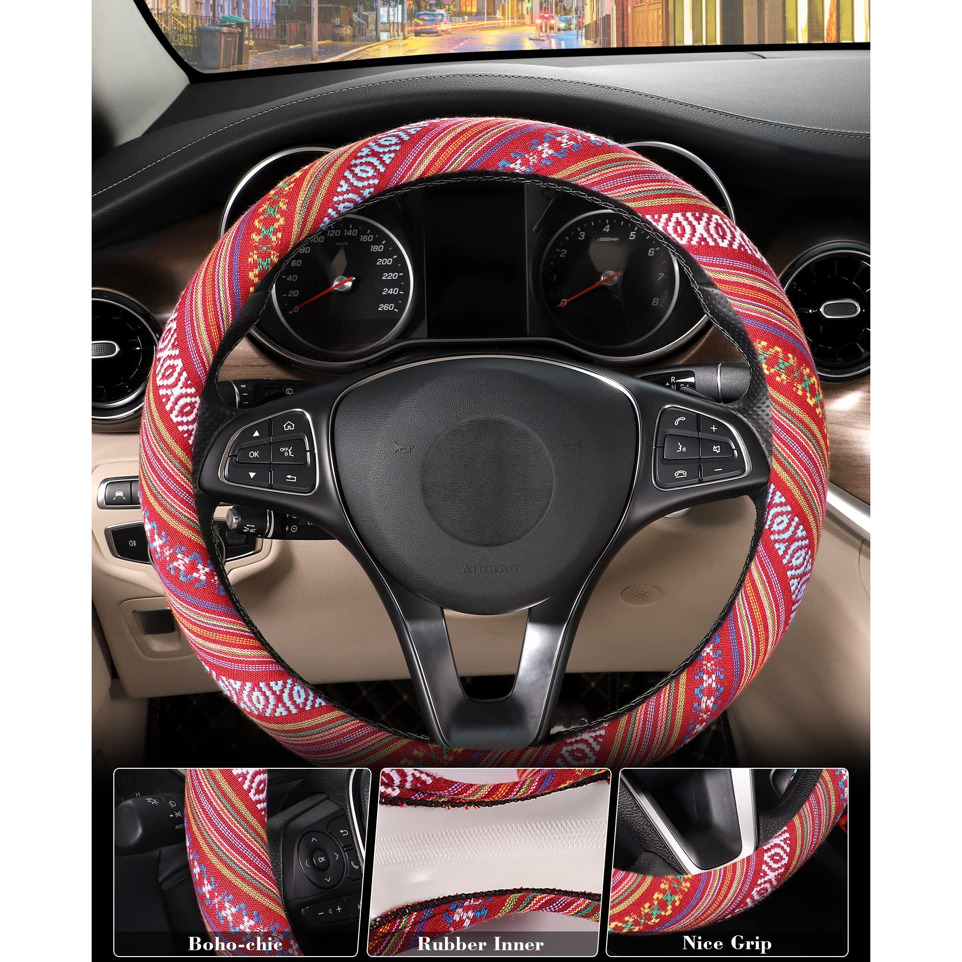 Seg Direct Boho Steering Wheel Cover With Baja Blanket Cloth, Ethnic Style Auto Wheel Cover Made Of Coarse Flax, Fits 14 1/2-15 1/4 Inches Car Wheel