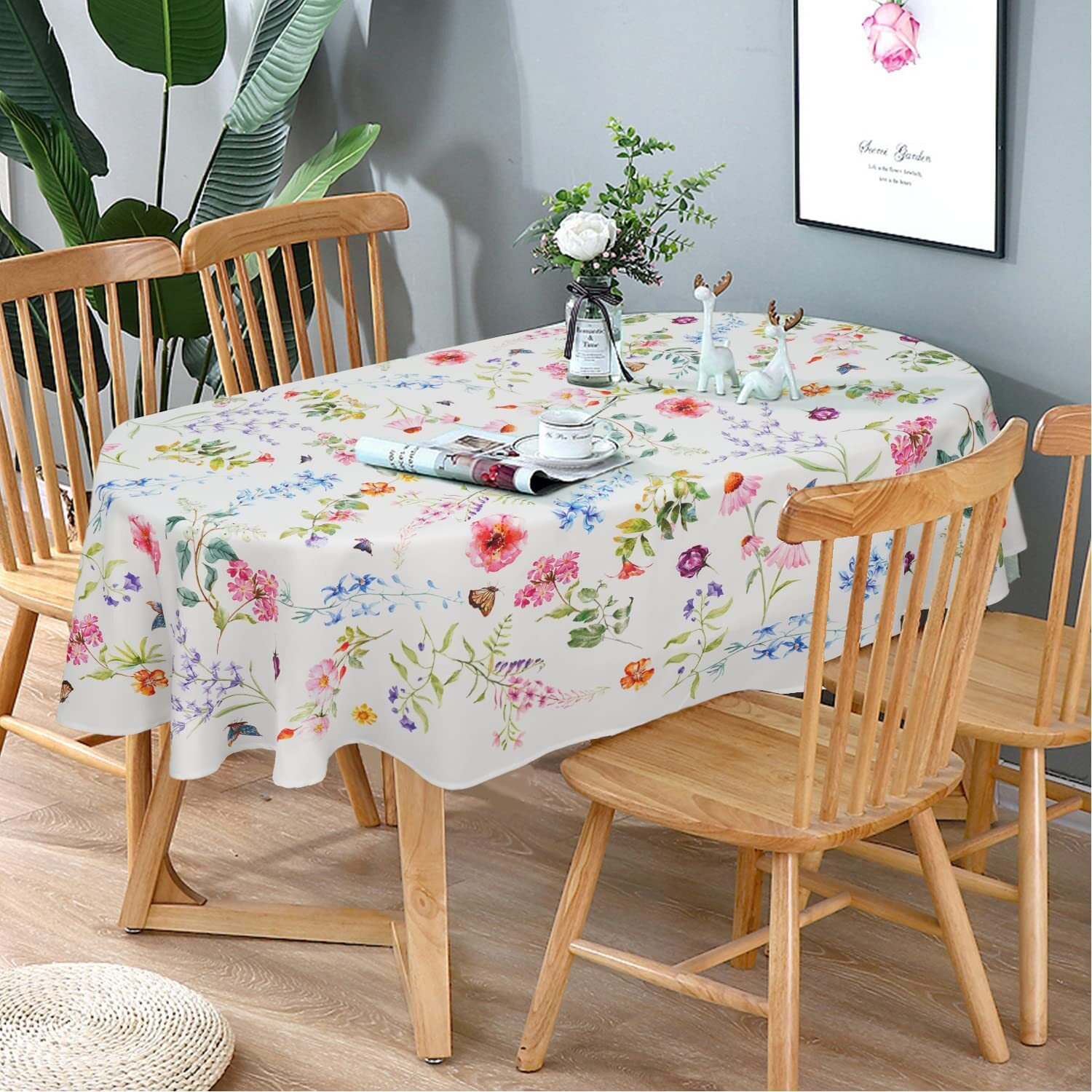 Bnejvif Oval Tablecloth Spring Floral Tablecloth, Modern Flower Oval Tablecloth, Floral Tablecloth, Indoor/Outdoor Waterproof Wrinkle Free Durable Spring Floral Tablecloth For Oval Tables 54 X 72 In