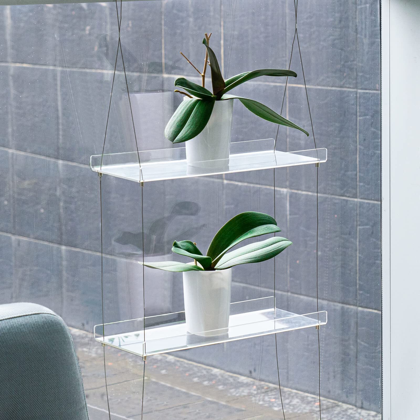 Sumerflos 2-Tier Acrylic Plant Shelves For Window Of Kitchen, Bedroom, Living Room, 16 Inch Window Wall Flower Double Hanger Boxes, Height Adjustable Hanging Shelves For Indoor Plants, Succulents