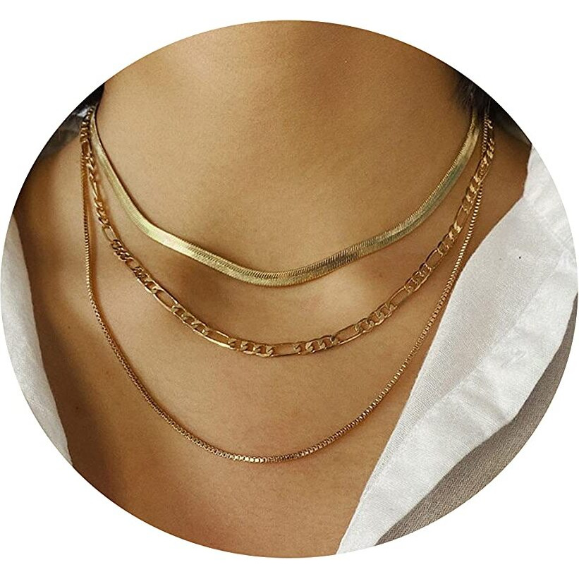 Tasiso 18K Gold Plated Herringbone Choker Necklace Set Three Layered Snake Chain Layering Herringbone Chain Necklace Flat Snake Choker Necklace For Women 4Mm 38Cm/42Cm/47Cm