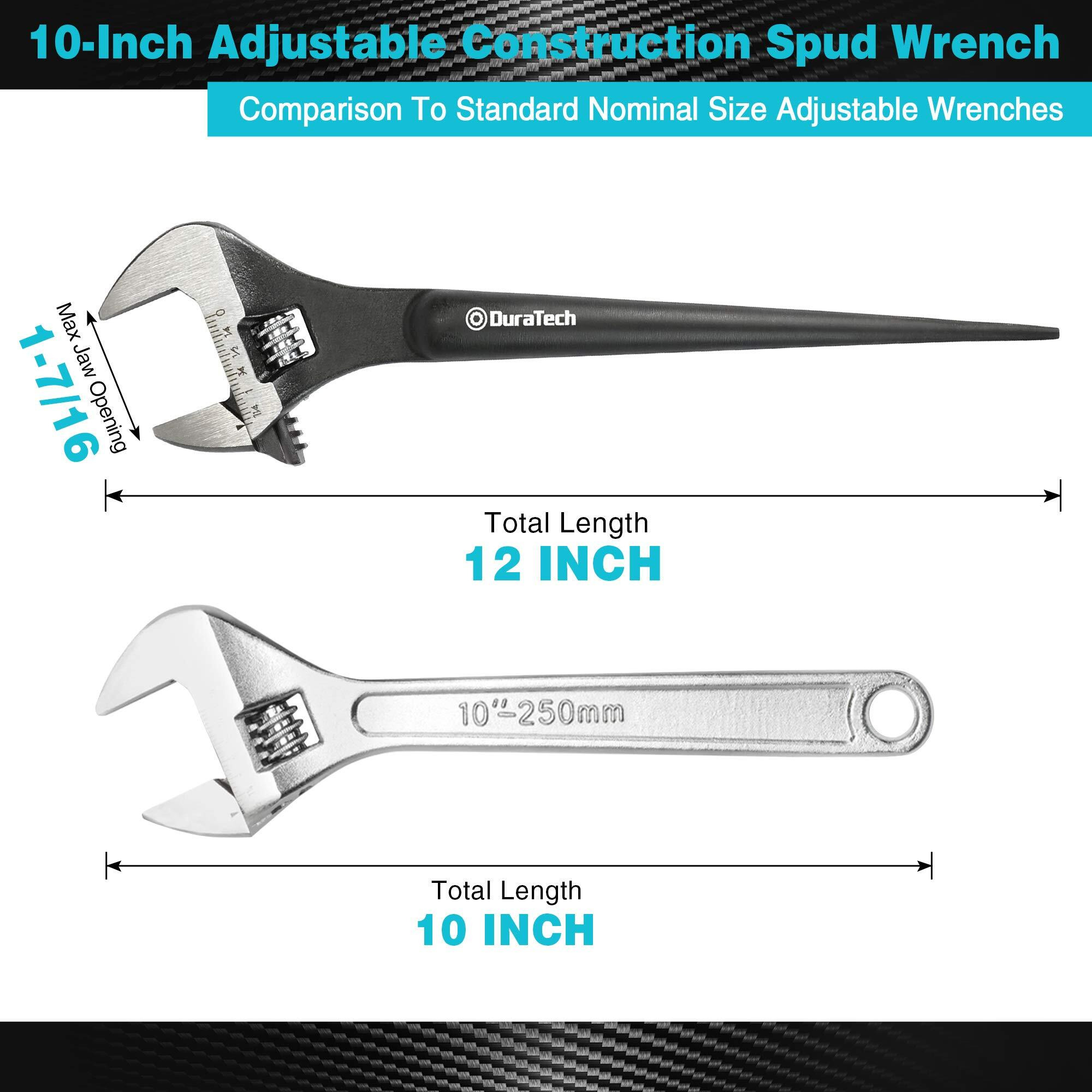 Duratech 10-Inch Adjustable Construction Spud Wrench, Black Oxide Finish, Cr-V Steel, Sae And Metric Scale Marked, Alignment Holes And Tail Crowbar Features