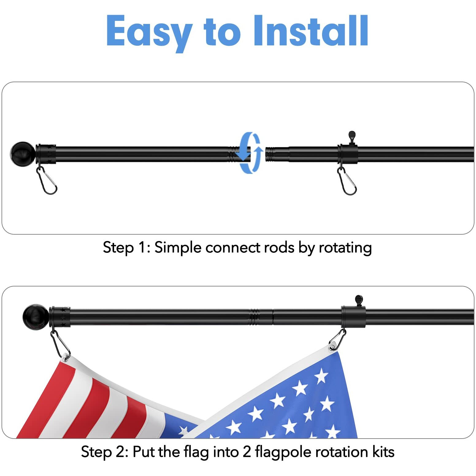 Flag Pole Kit For Outside House With Holder, 5Ft Outdoor Flag Poles For 3X5 Flags, Heavy Duty Black Flagpole For Boat, Rv, Truck Hitch, 1 Inch Diameter, Tangle Free Rings