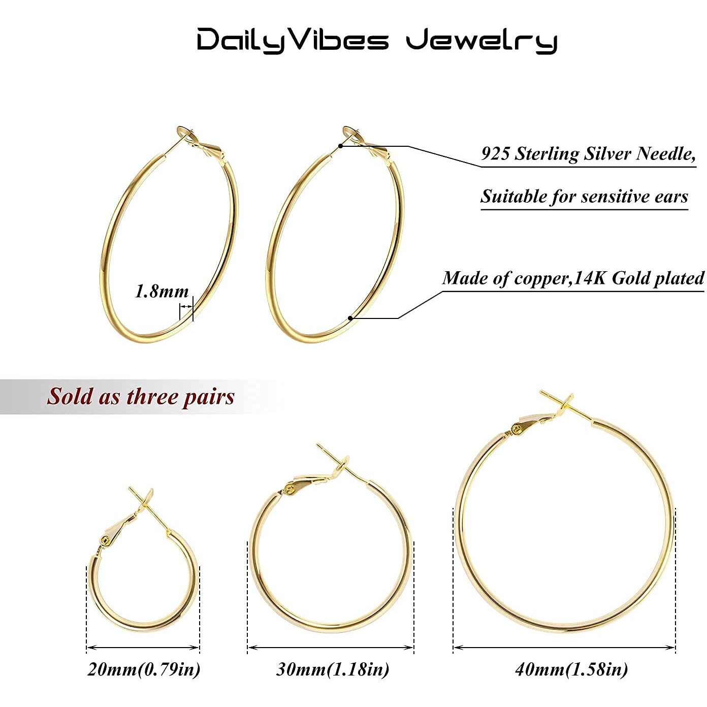 Big Gold Hoop Earrings For Women Hypoallergenic 925 Sterling Silver Post Thin Loop 14K Gold Plated Hoop Earrings Set For Girls, 3 Pairs (14K Gold 20Mm,30Mm,40Mm)