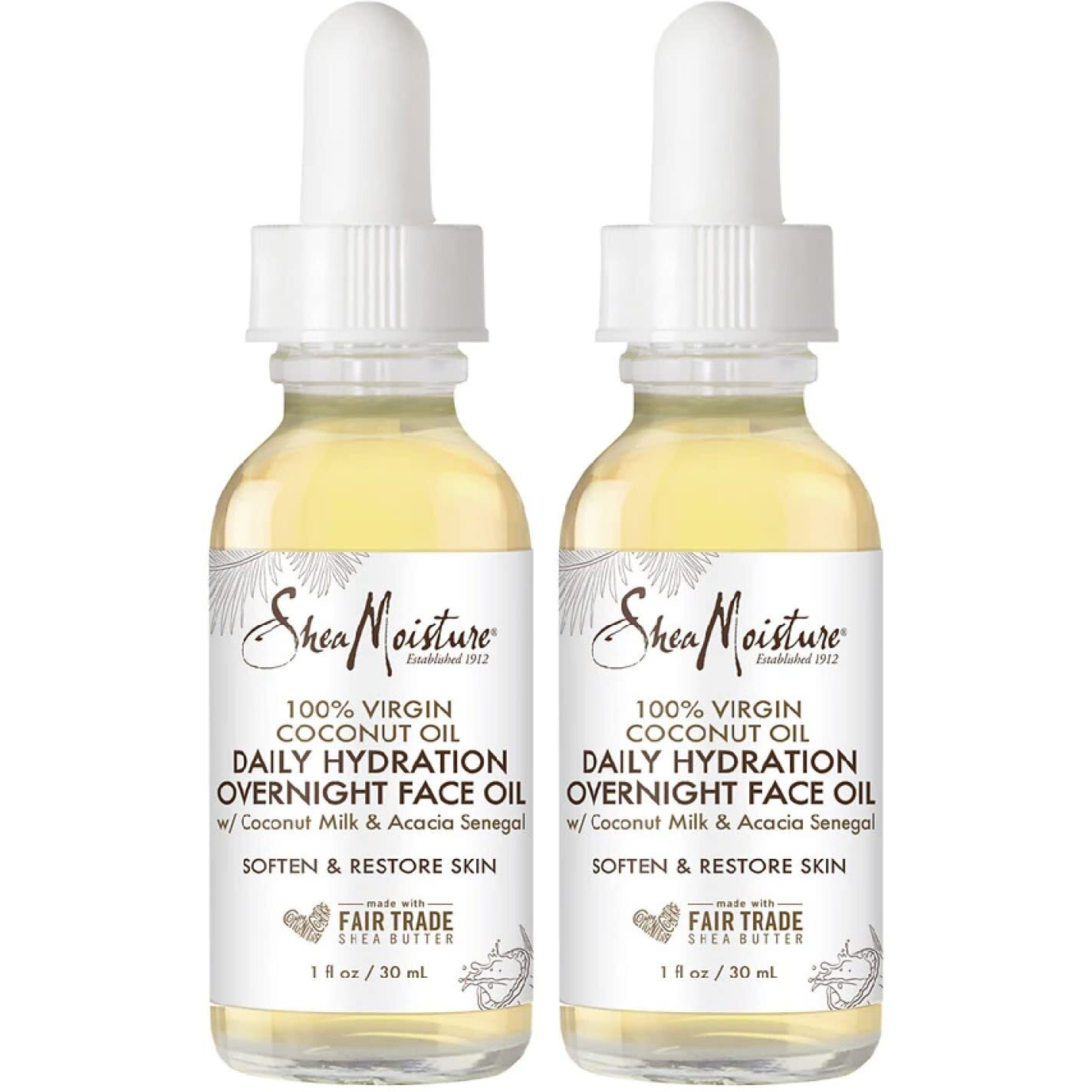 Sheamoisture Coconut Oil For Face - Daily Hydration Overnight Face Oil With Coconut Milk & Acacia Senegal, Argan Oil For Skin, Organic Shea Butter, Hydrating Face Oil, Vitamin E, 1 Oz (Pack Of 2)