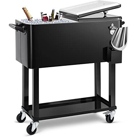 Edostory 80 Quart Black Rolling Ice Chest Cooler Cart,Patio Backyard Party Drink Beverage Bar Stand Up Cooler Trolley With Ice Scoop