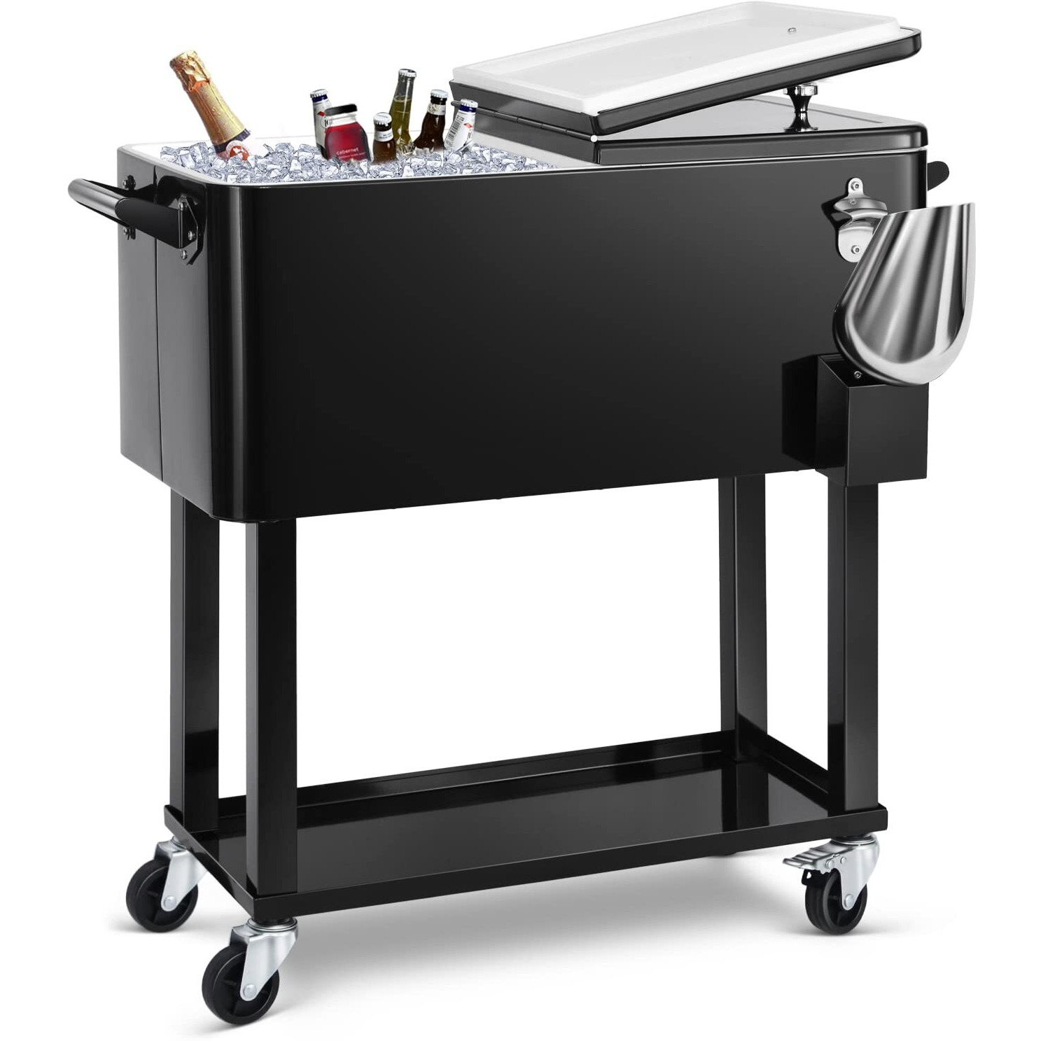 Edostory 80 Quart Black Rolling Ice Chest Cooler Cart,Patio Backyard Party Drink Beverage Bar Stand Up Cooler Trolley With Ice Scoop
