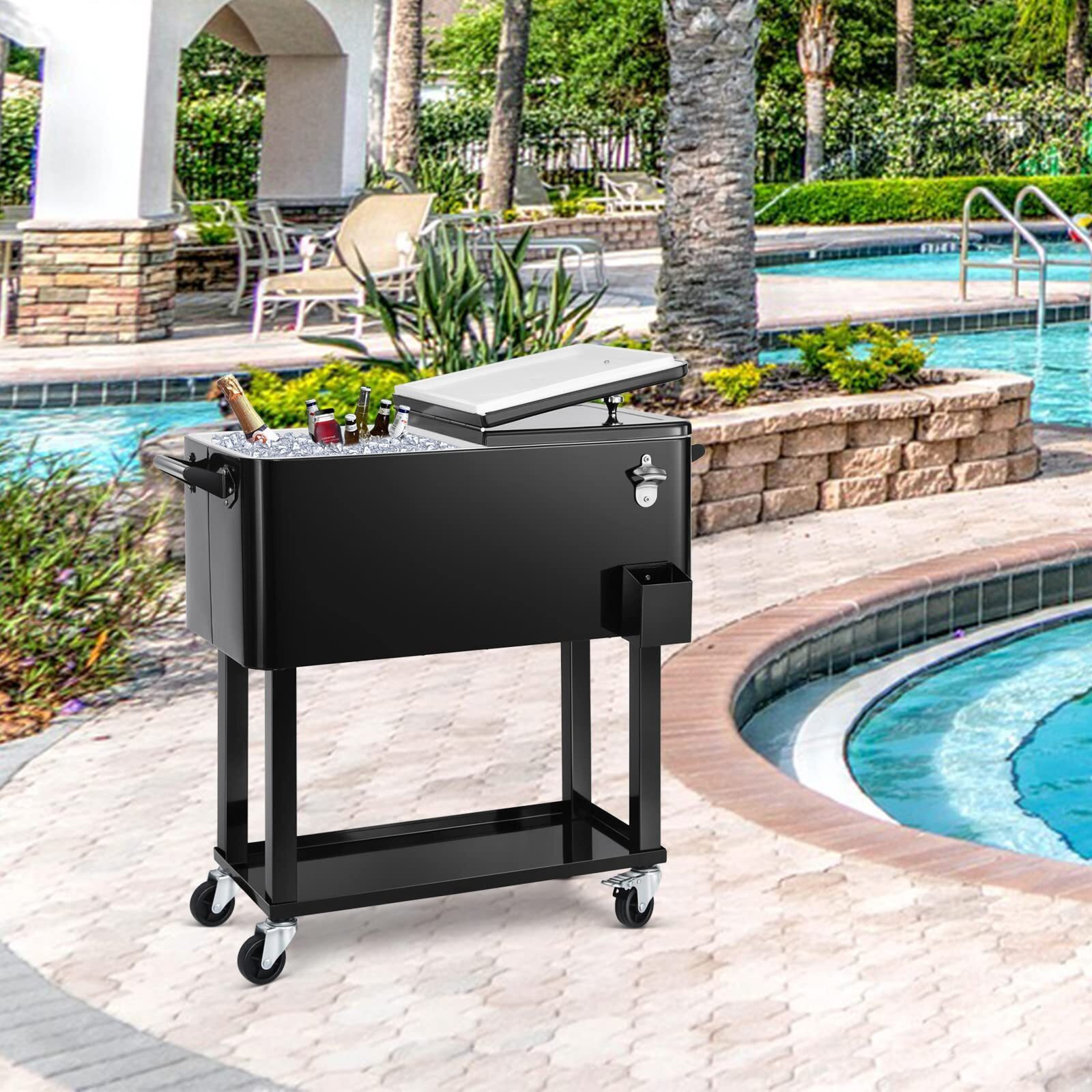 Edostory 80 Quart Black Rolling Ice Chest Cooler Cart,Patio Backyard Party Drink Beverage Bar Stand Up Cooler Trolley With Ice Scoop