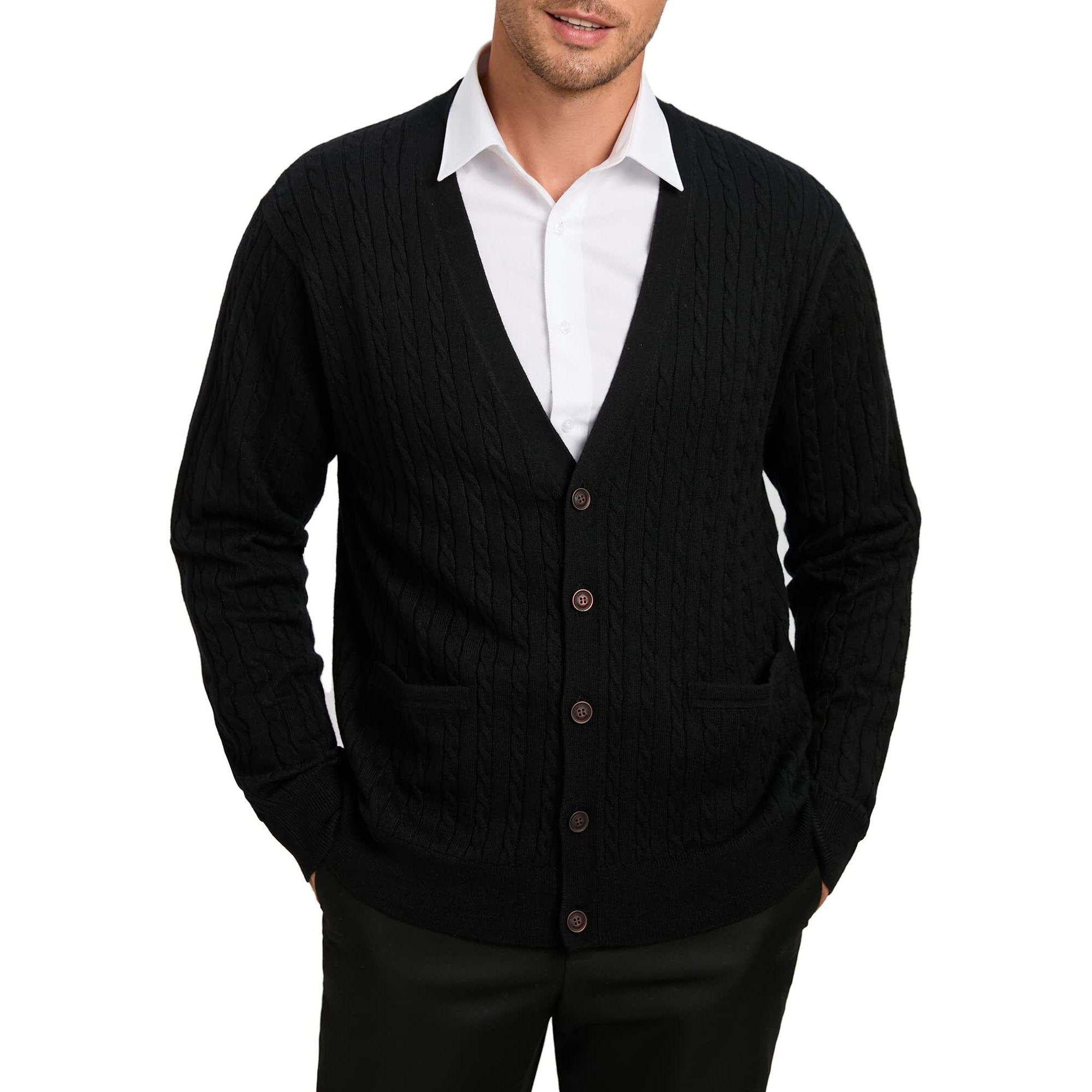 Kallspin Men's Cardigan Sweater Cashmere Wool Blend Cable Knit V Neck Buttons Cardigan With Pockets(Black, Medium)