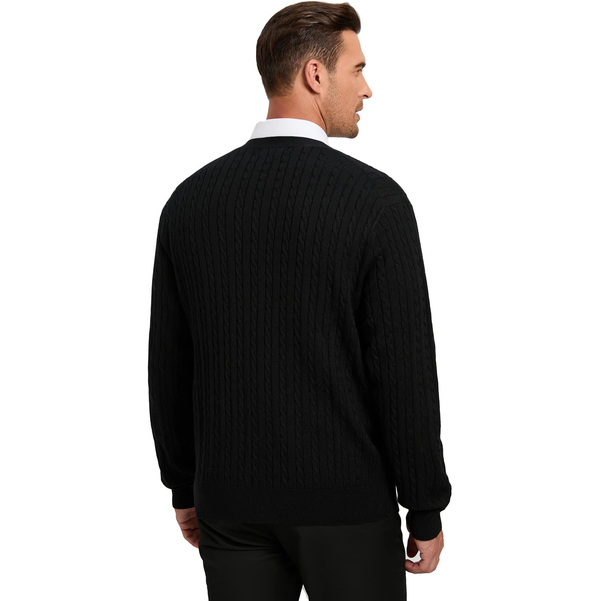 Kallspin Men's Cardigan Sweater Cashmere Wool Blend Cable Knit V Neck Buttons Cardigan With Pockets(Black, Medium)