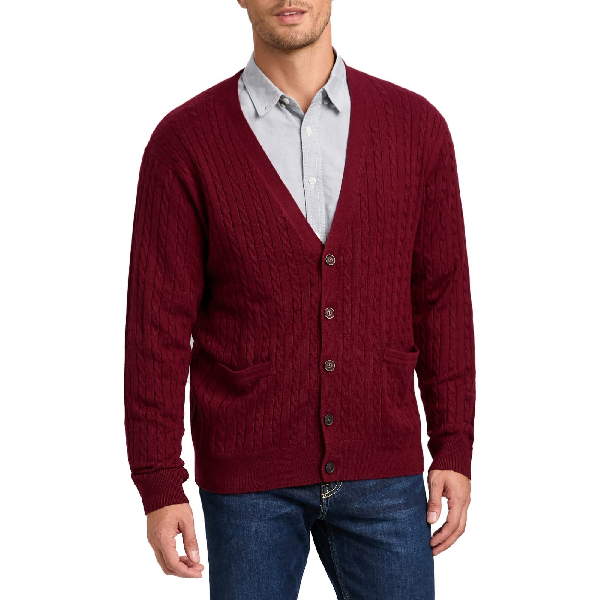 Kallspin Men's Cardigan Sweater Cashmere Wool Blend Cable Knit V Neck Buttons Cardigan With Pockets(Burgundy Red, Medium)
