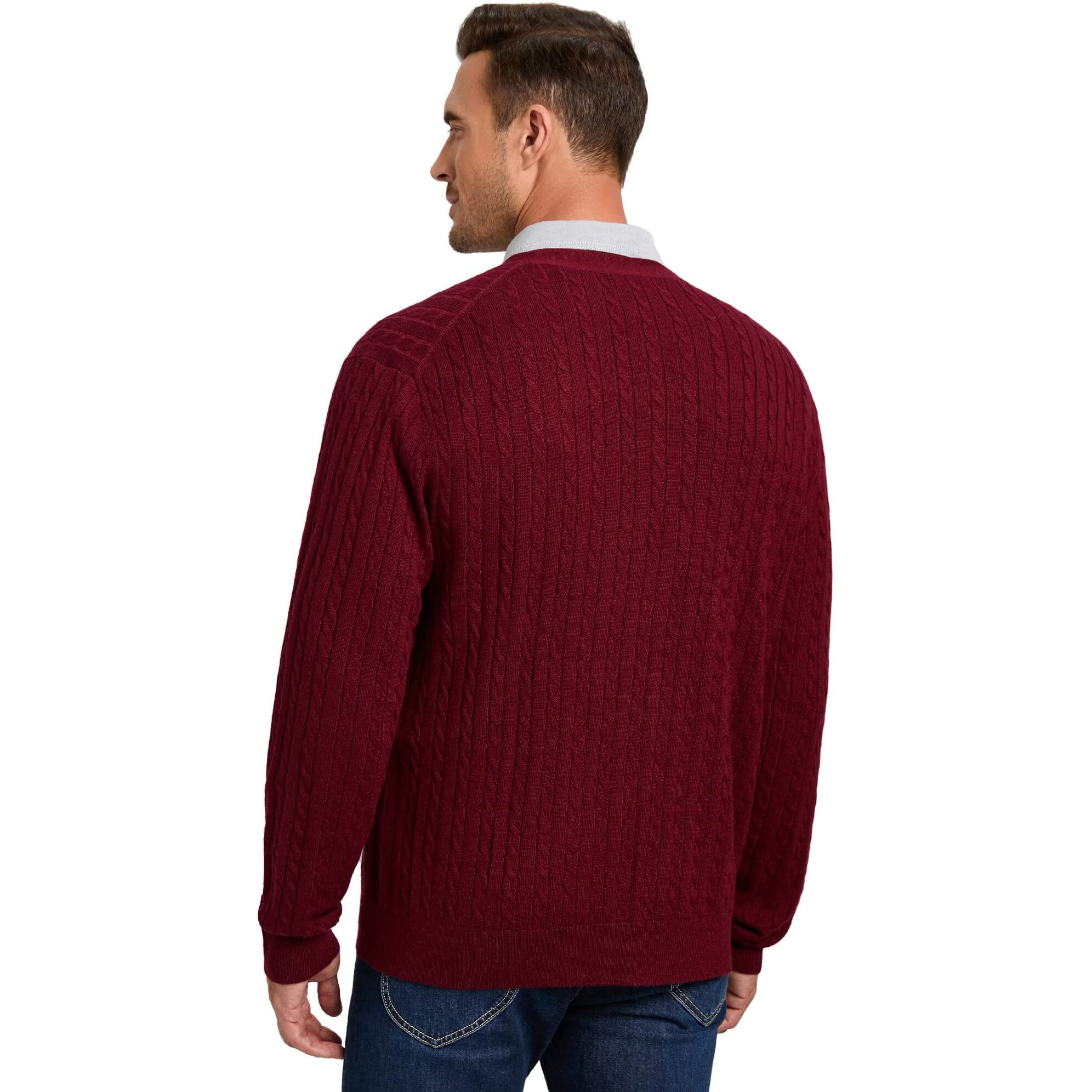 Kallspin Men's Cardigan Sweater Cashmere Wool Blend Cable Knit V Neck Buttons Cardigan With Pockets(Burgundy Red, Medium)