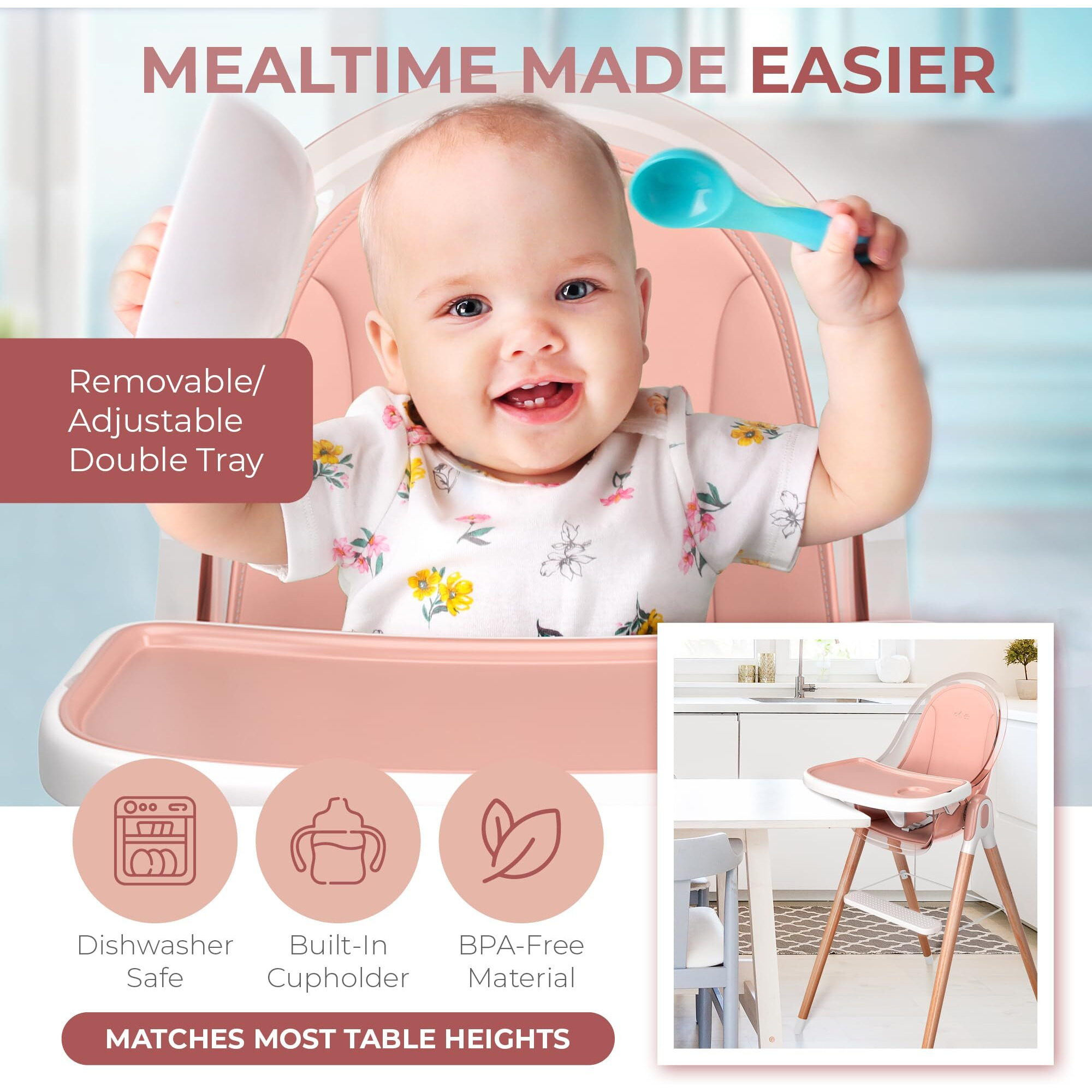 High Chair By Children Of Design Non-Reclinable 6 In 1 Baby Highchair For Babies And Toddlers, Modern Wooden, Easy To Clean, Removable Tray And Cushion
