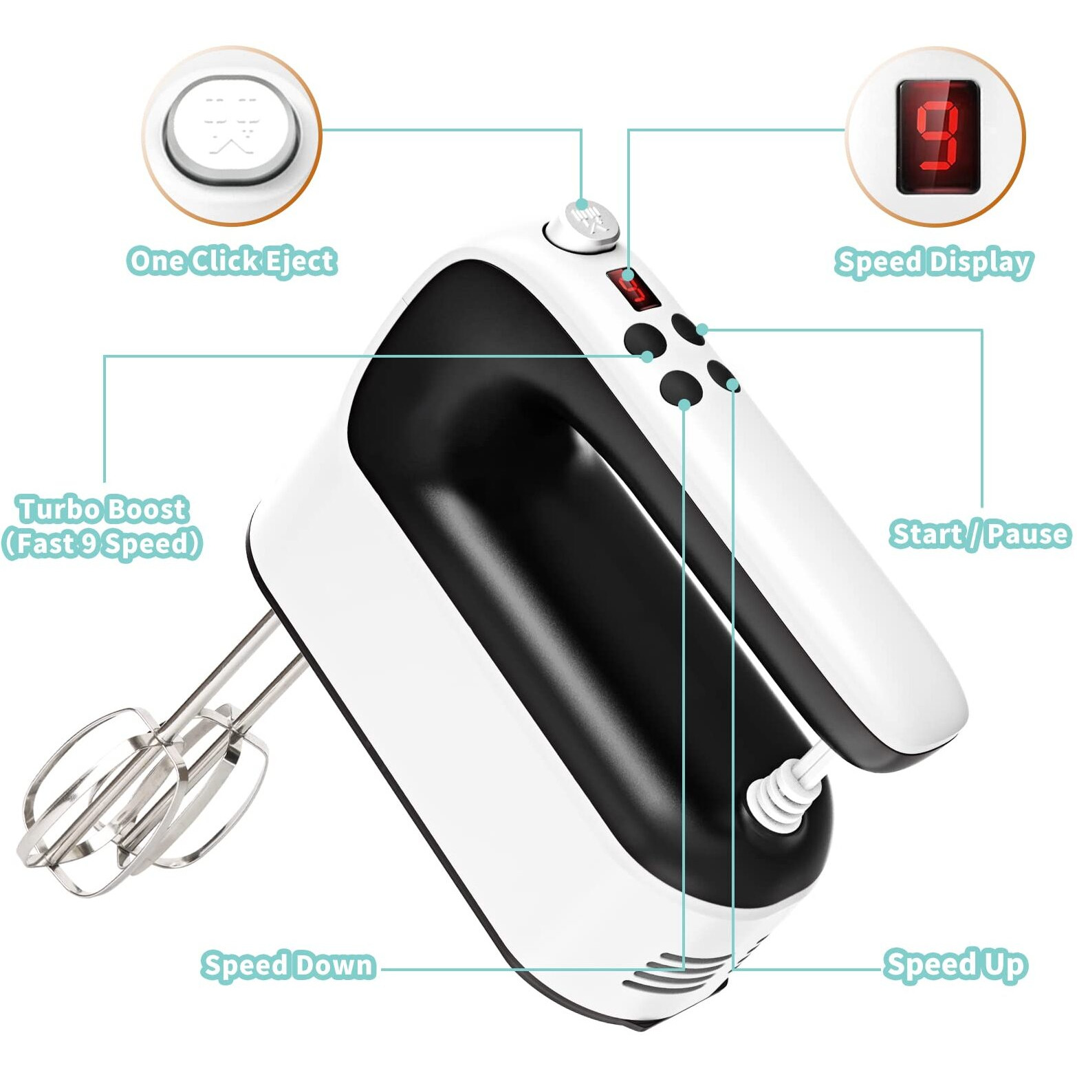 Yomelo 9-Speed Digital Hand Mixer Electric, 400W Powerful Dc Motor, Baking Mixer Handheld With Snap-On Storage Case, Touch Button, Turbo Boost, 5 Stainless Steel Accessories, Flat Beaters, Dough Hooks, Whisk (White & Black)