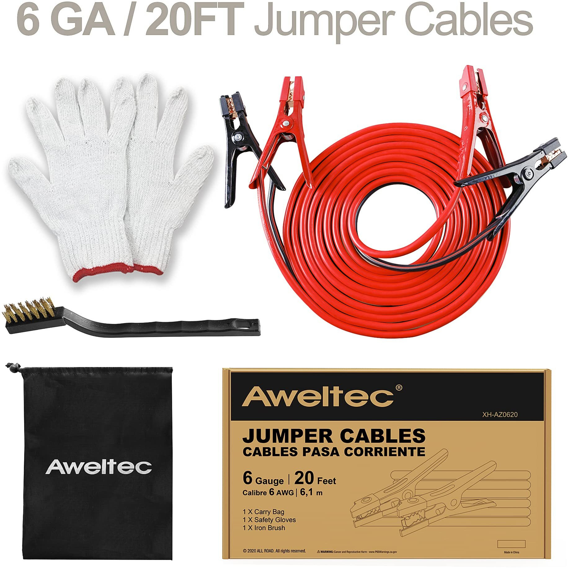 Aweltec Jumper Cables 6 Gauge 20 Feet Battery Jumper Cables For Car -40 To 140 - Heavy Duty Booster Cables With Carry Bag, Safety Gloves And Iron Brush (6Awg X 20Ft)