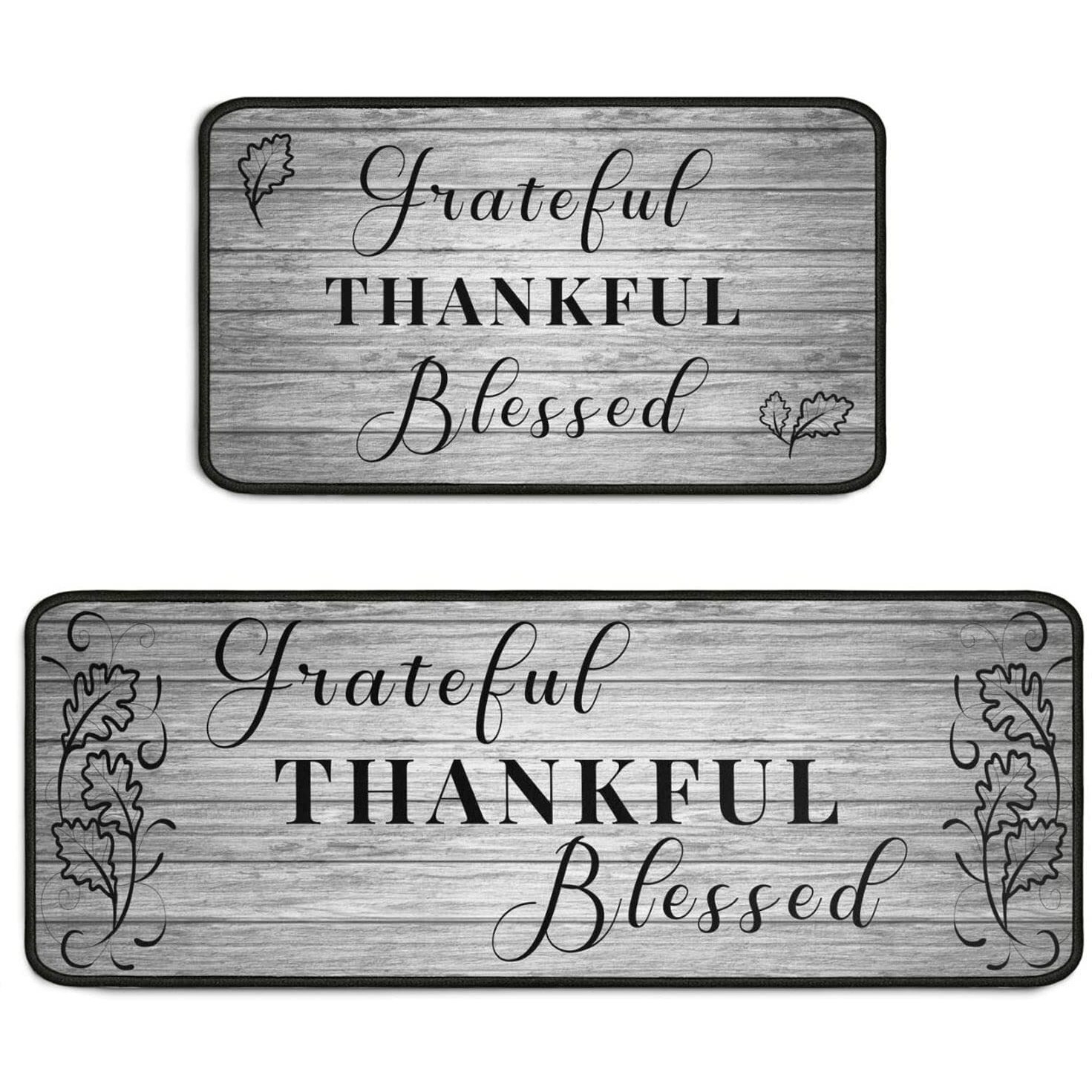 Grateful Thankful Blessed Kitchen Rugs Set Of 2 Grey Non-Slip Kitchen Rug And Mat Cushioned Comfort Kitchen Standing Rug For Kitchen Floor Farmhouse Thanksgiving Decor 17"&quotX47""+17"&quotX30""